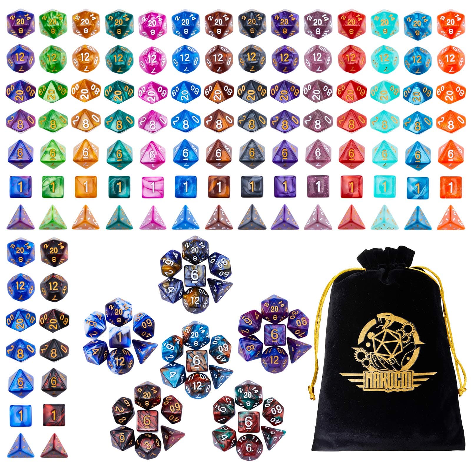 DND Dice Set, 20 X 7 Polyhedral Dice (140 Pieces) Two-Color for Dungeons and Dragons DND RPG MTG Table Game 20 Colors Dice with 1 Large