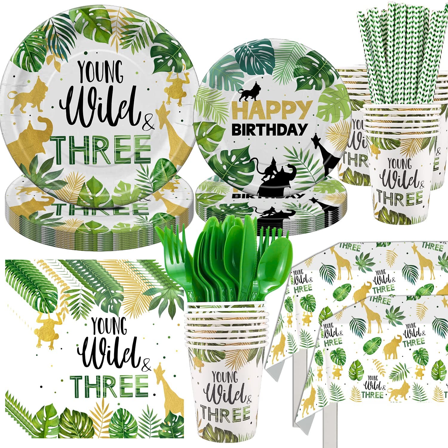 Young Wild And Three Decorations Tableware, Safari Jungle Theme 3rd Birthday Party Supplies Dinnerware Include Plates, Cup, Napkin, Cutlery, Tablecloth, For 3 Year Old Birthday Party | Serves 24