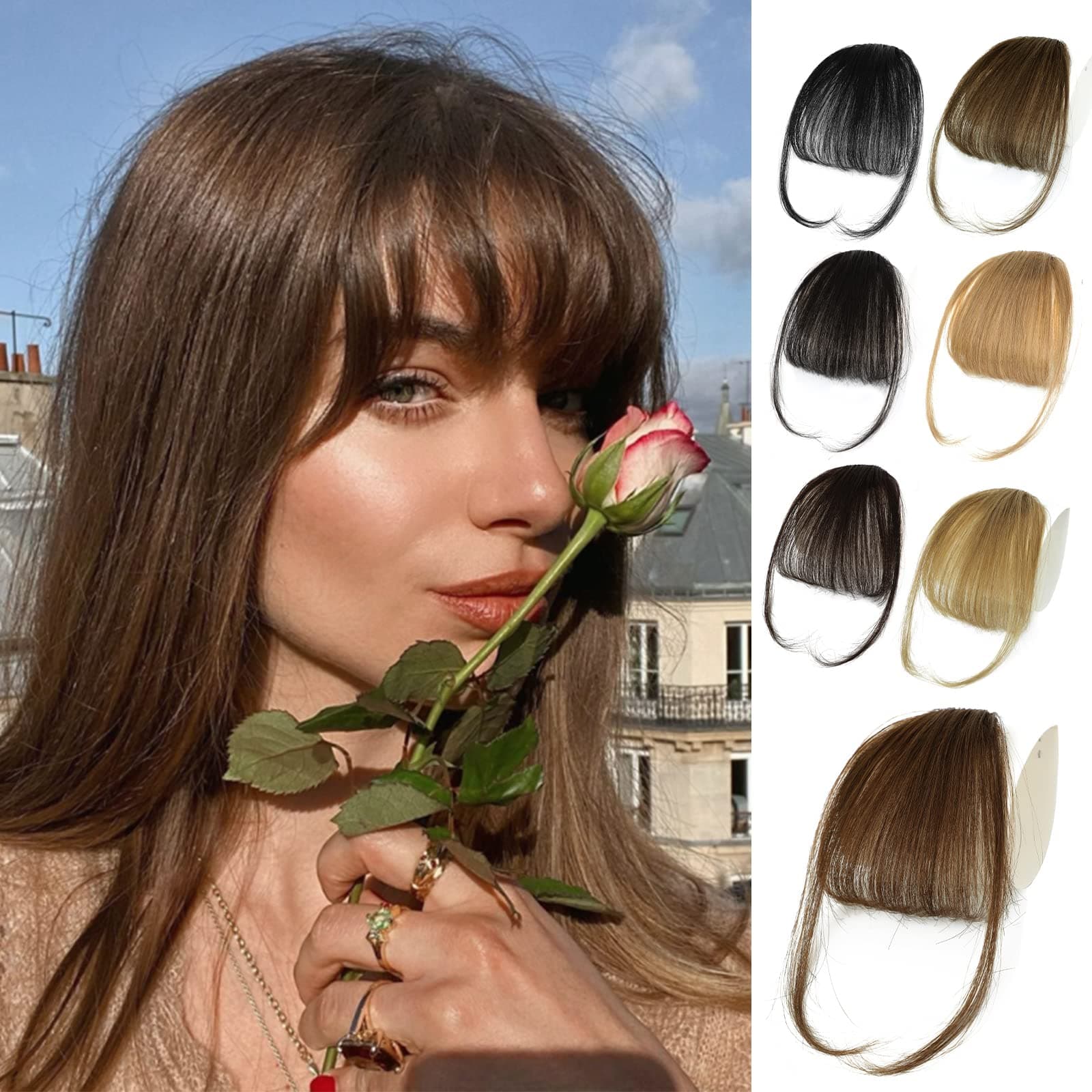 NAYOO Clip in Bangs Human Hair – Medium Brown Wispy Bangs with Temples Fringe Hairpiece Natural Looking Curved Fake Bangs Hair Extensions for Women