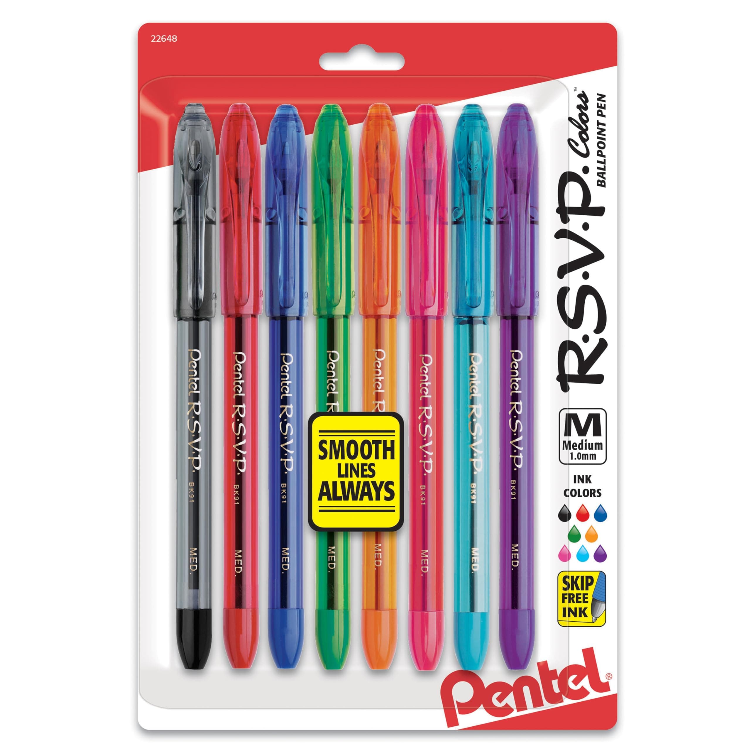 RSVP Ballpoint Pen, (1.0mm), Medium Line, Assorted Ink, Pack of 8 (BK91CRBP8M)