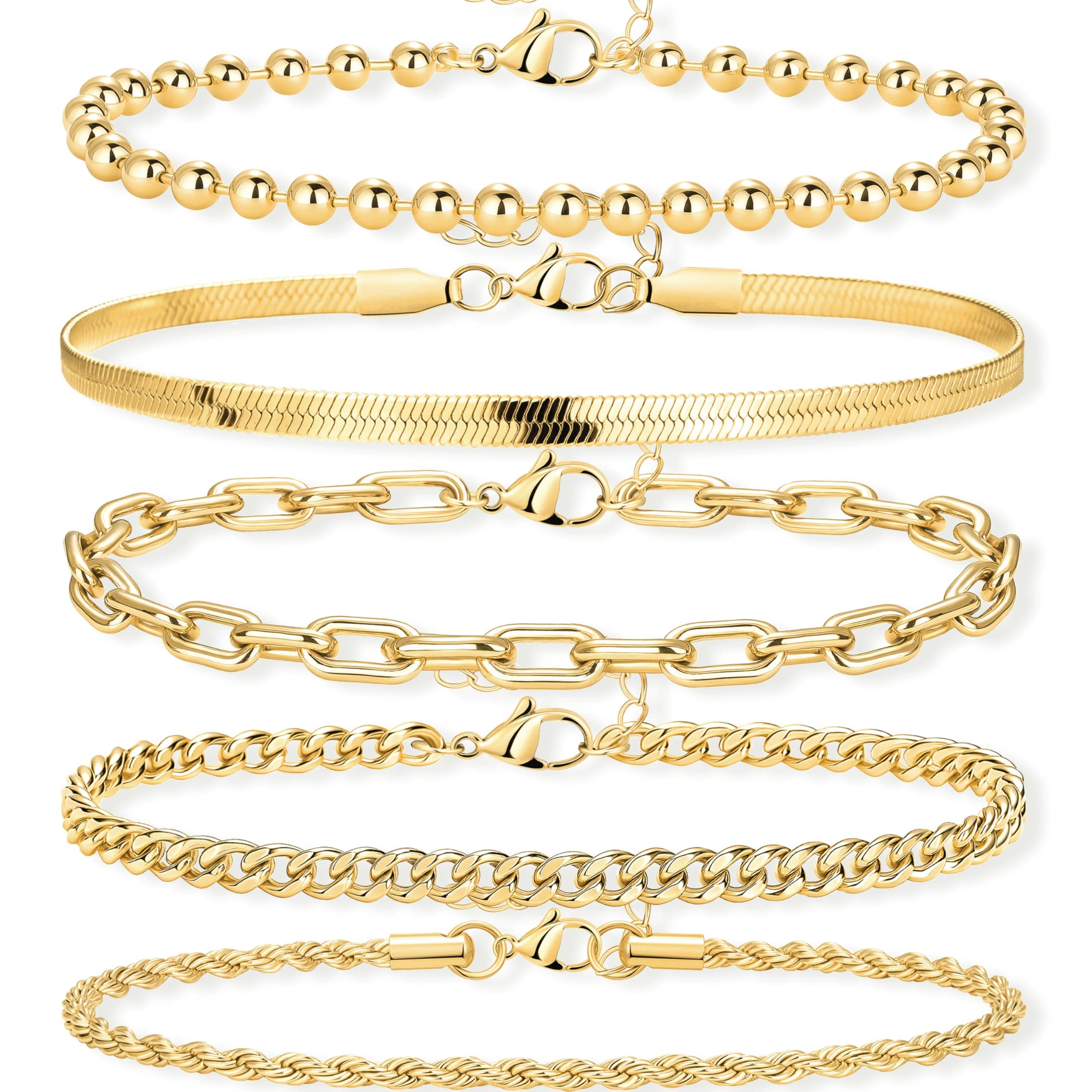 Gold Bracelets Set for Women Stack, Chunky Thick Bracelets Stack for Women Trendy, Simple Dainty Thin Gold Plated Cuff Stackable Bracelets With Beaded Cuban Paperclip Snake Rope Bangle Hand Chain Jewelry