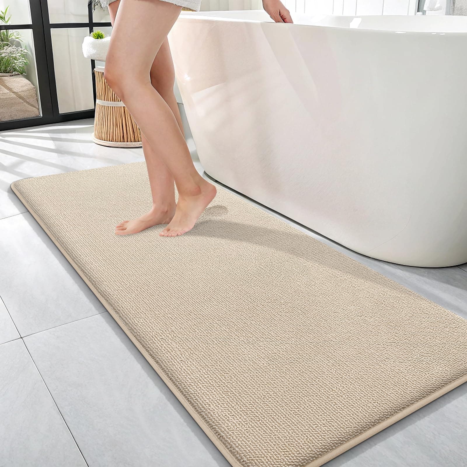 OLANLY Thick Memory Foam Bath Mat Rug 47x17, Extra Soft Absorbent Bathroom Rug, Quick Dry Bath Mats, Non-Slip, Machine Washable Carpet for Bathroom, Tub and Shower, Home Decor Accessories, Beige