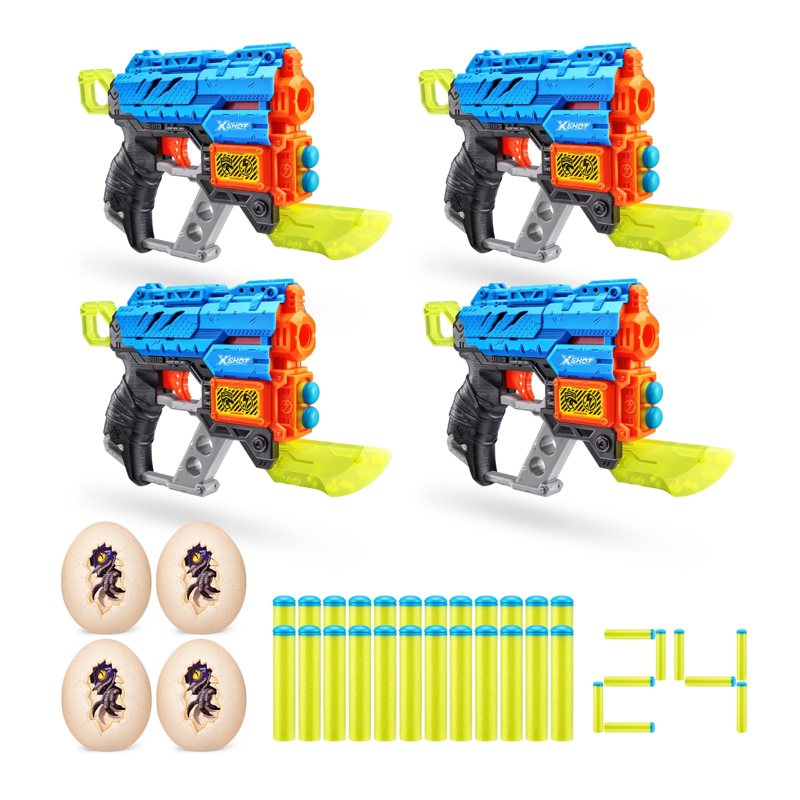 Dino Attack Extinct (4 Pack + 24 Darts + 4 Shooting Targets) by ZURU, XSHOT Blue Foam Dart Blaster, Toy Blaster, Dinosaur Design Toys for Boys, Kids, Teens (Blue)
