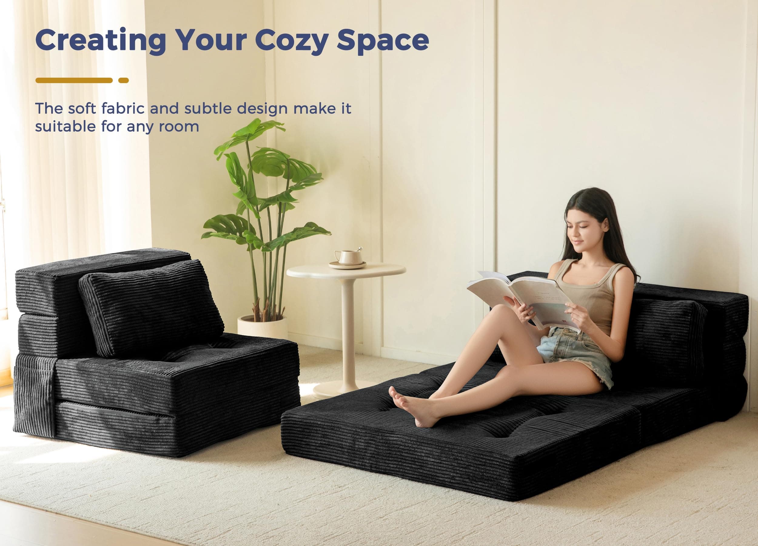 MAXYOYO Convertible Sofa Bed, Fold Out Single Sleeper Sofa with Pillow, 4 in 1 Tufted Folding Couch Bed Foam Floor Couch, Lazy Chair for Living Room Bedroom Guest Room, Black