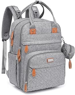 Diaper Bag Backpack, BabbleRoo Baby Nappy Changing Bags Multifunction Waterproof Travel Back Pack with Changing Pad & Stroller Straps & Pacifier Case, Unisex and Stylish (Light Gray)