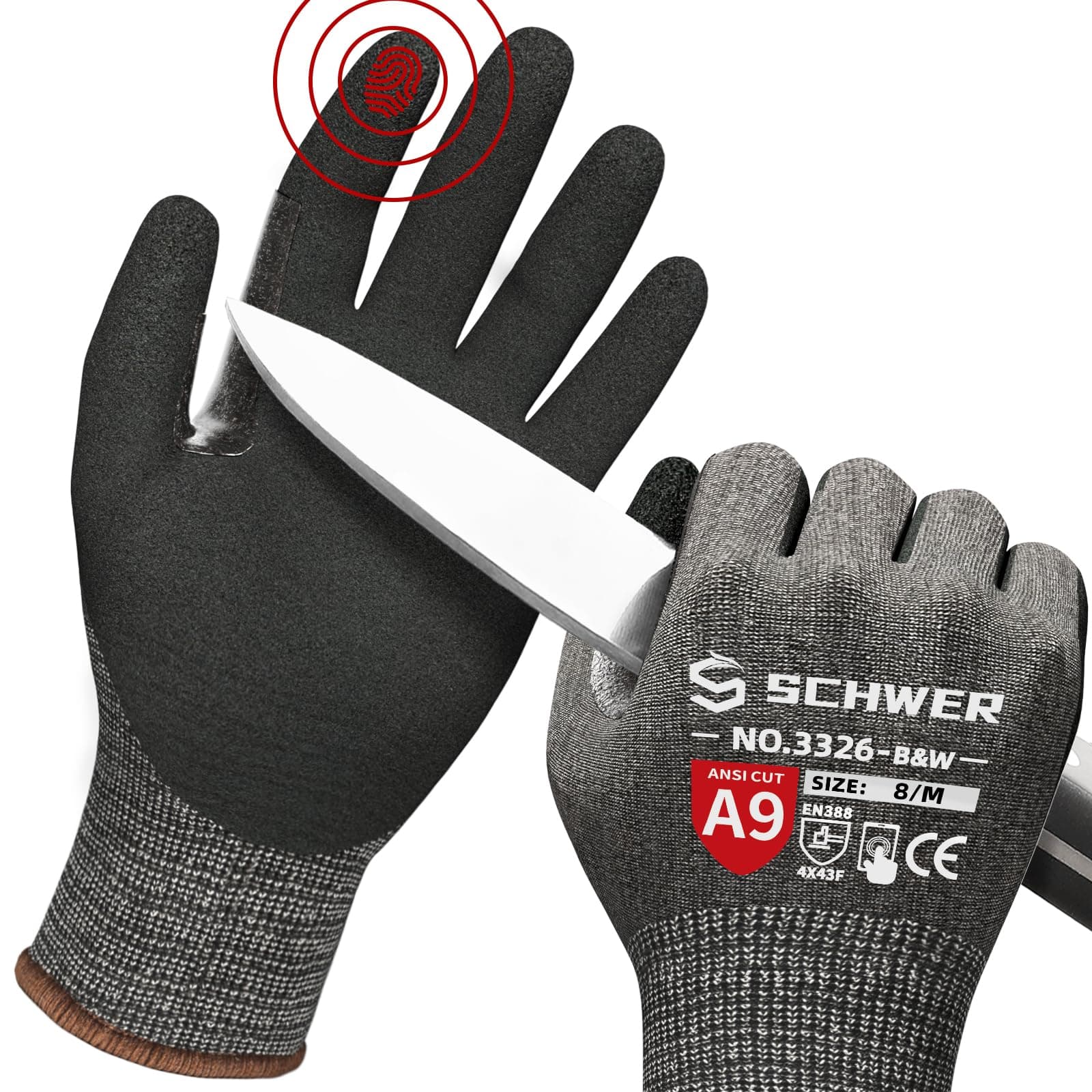 Schwer ProGuard Highest Level Cut Resistant Work Gloves PR3326 for Extreme Protection，ANSI A9 Cut Gloves with Reinforced Thumb, Non Slip, Non PFAS, Durable, Touch-screen, Black 120 Pairs, M