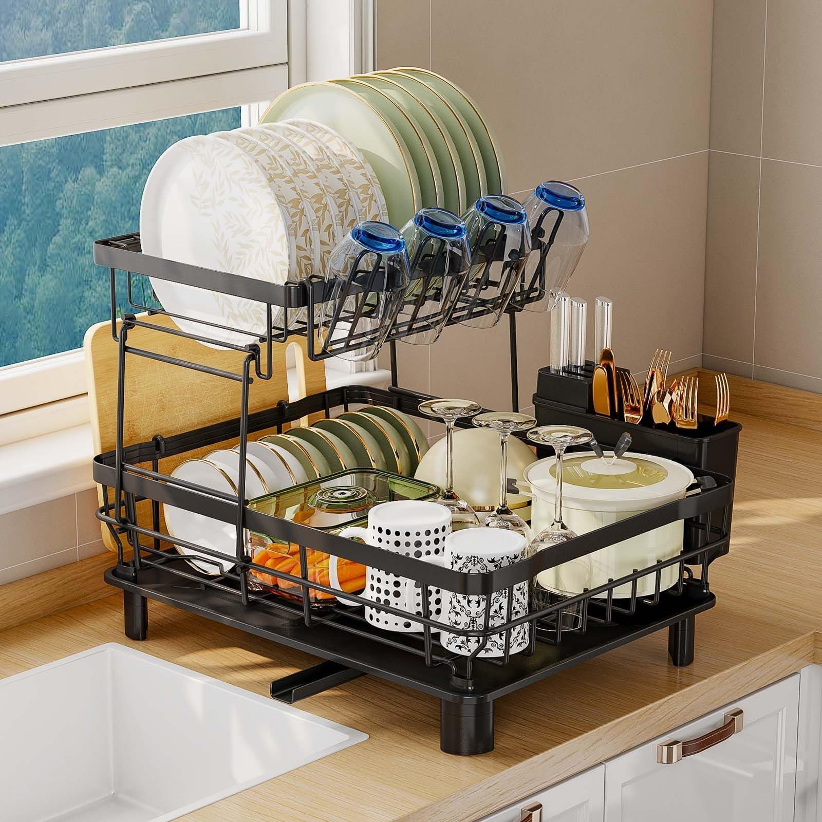 2 Tier Dish Drainer Rack for Kitchen with Drip Tray, Sink Drainer with 360° Swivel Drainage Spout, Dish Drying with Cups, Utensil & Cutting Board Holders for Kitchen Counter Space-Saving, Black