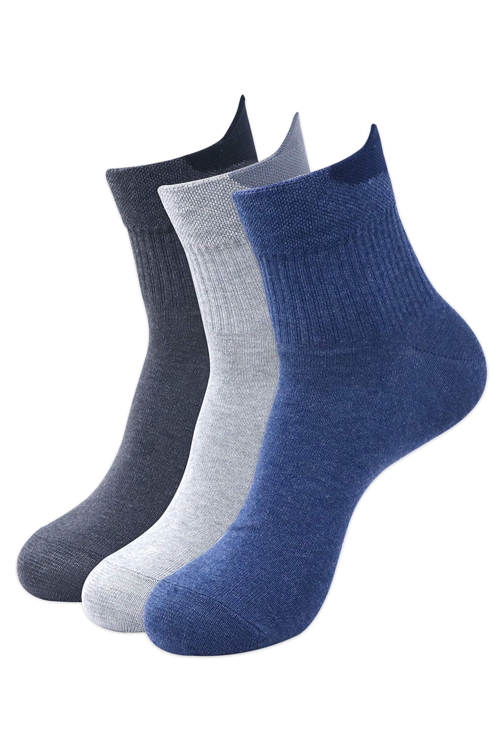 BALENZIAMen's Cotton Solid High Ankle Socks (Free Size) Pack of 3 (L.Grey,Navy,D.Grey)