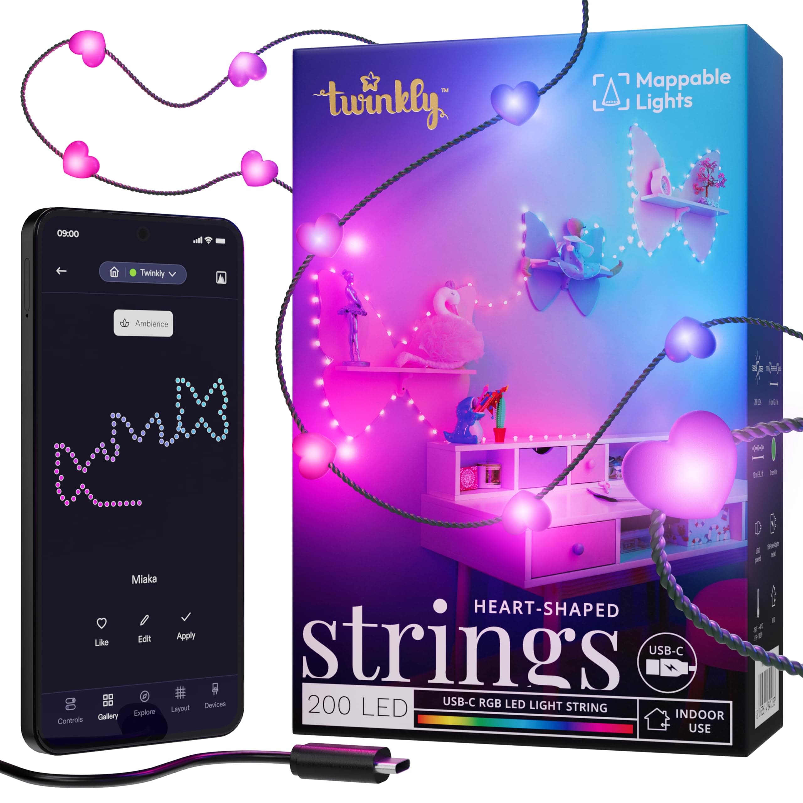 Strings USB-C Heart 200 LED, Heart-Shaped LED Light String, Christmas Lights, RGB Multicolor LED Lights, Mappable LEDs, Compatible with Alexa, Google Home, USB-C Power, Green Wire, 12m