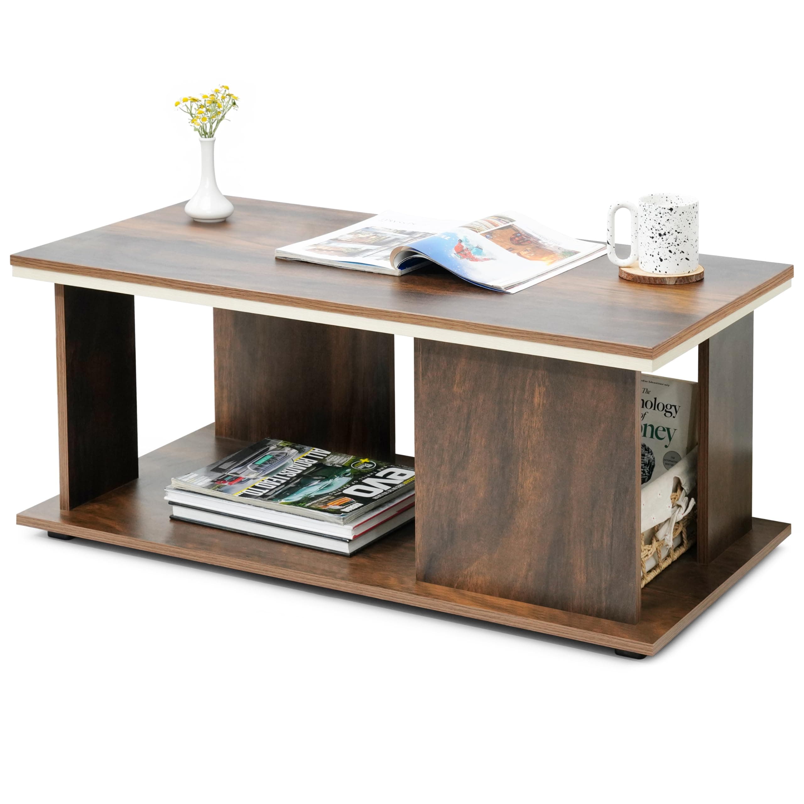 ABOUT SPACE Wooden Coffee Table-End & Sofa Side Tea Table,Centre Table with Space Saving Portable Furniture with Storage for Living Room,Bed Room,Balcony(L 93 x B 45 x H 39 Cm, Walnut)
