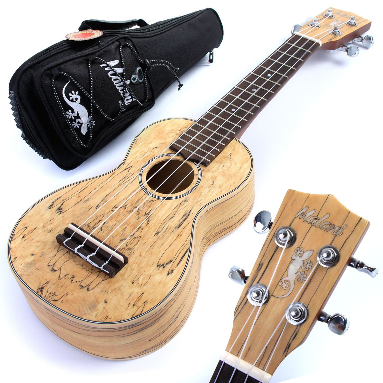 Malani Soprano Ukulele - Spalted Maple Top Uke, Aquila Strings, Padded Gig Bag
