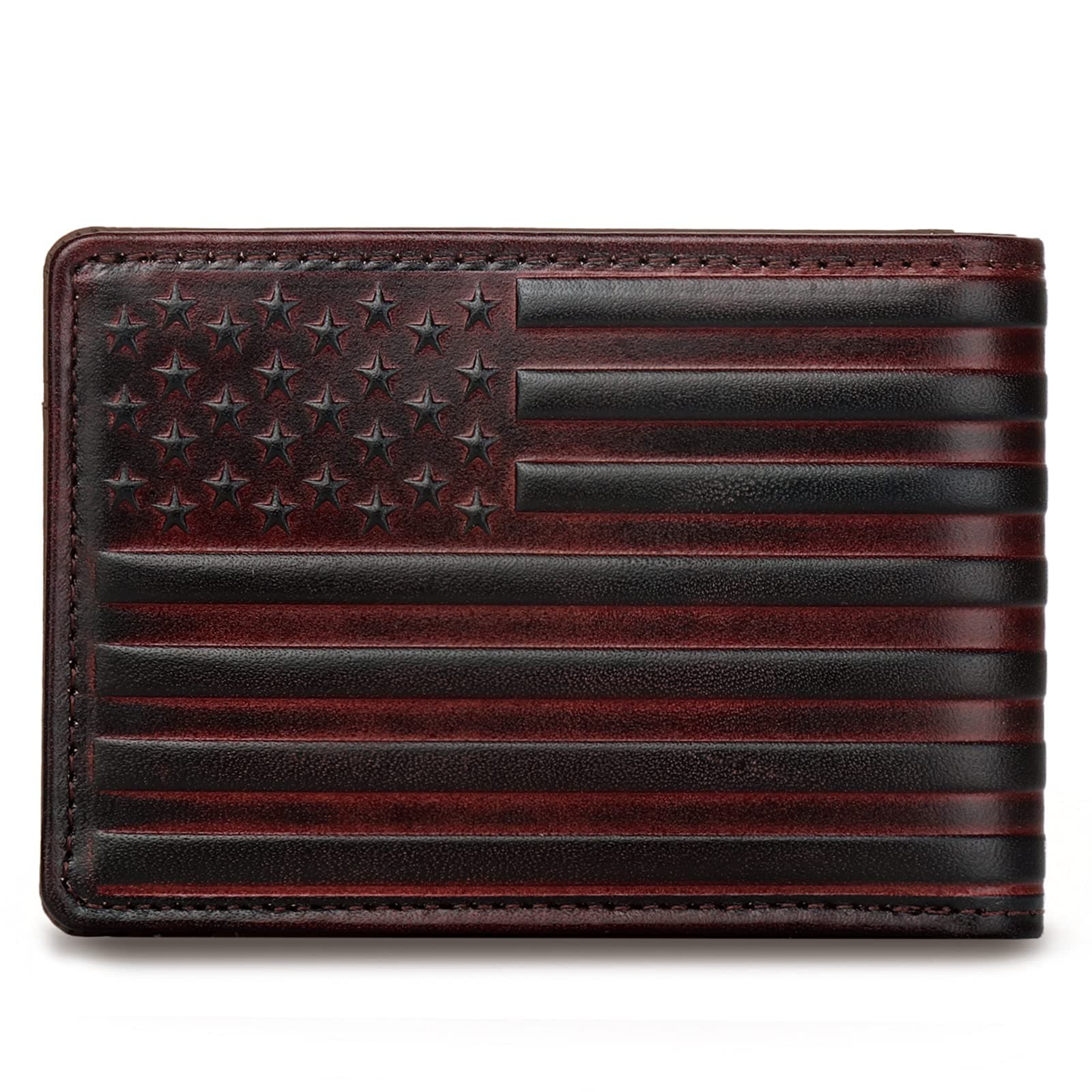 Full Grain Leather Wallets for Men, Bifold Wallets for Men, Mens Leather Wallets with 12 Slots, RFID Blocking, Gifts for Men (USA Flag, Red)