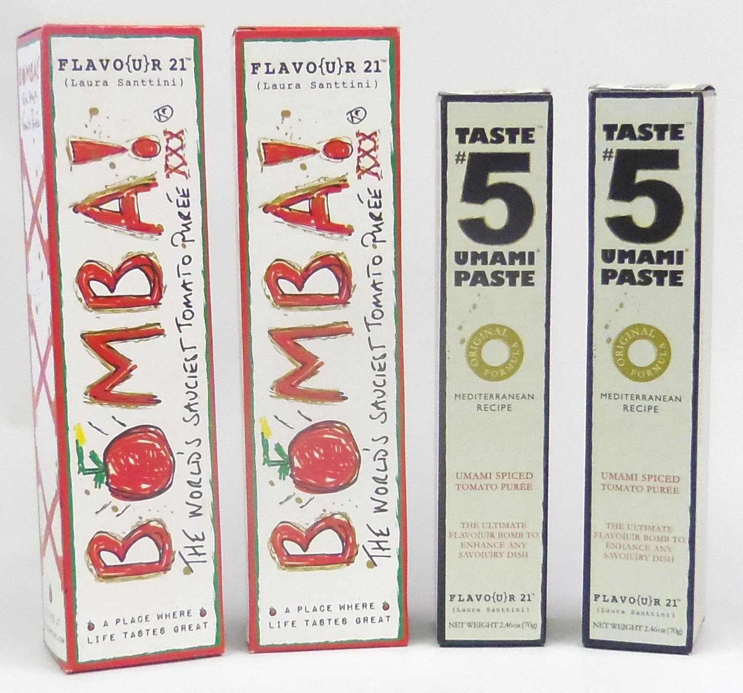 2 New 4.24oz Taste #5 Umami Paste and 2 Bomba! XXX Tomato Paste with Red Wine and Vegetables Combo Pack