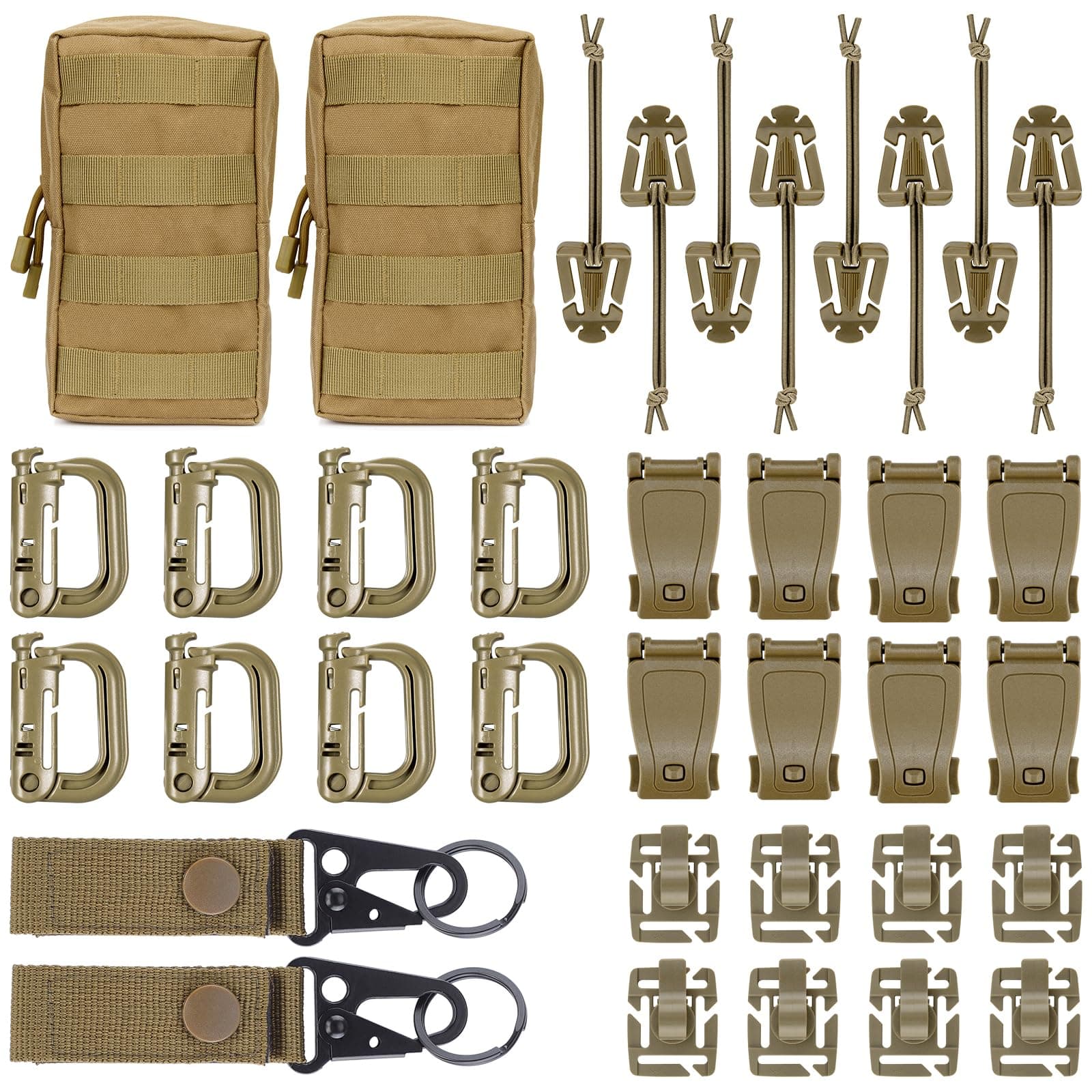 BOOSTEADY 36PCS Attachments for Tactical Backpack Vest Belt,D-Ring Grimloc Locking Gear Clip, Web Dominator Elastic Strings, Strap Management Tool Buckle,Hydration Tube Clips,Key Ring,MOLLE bag