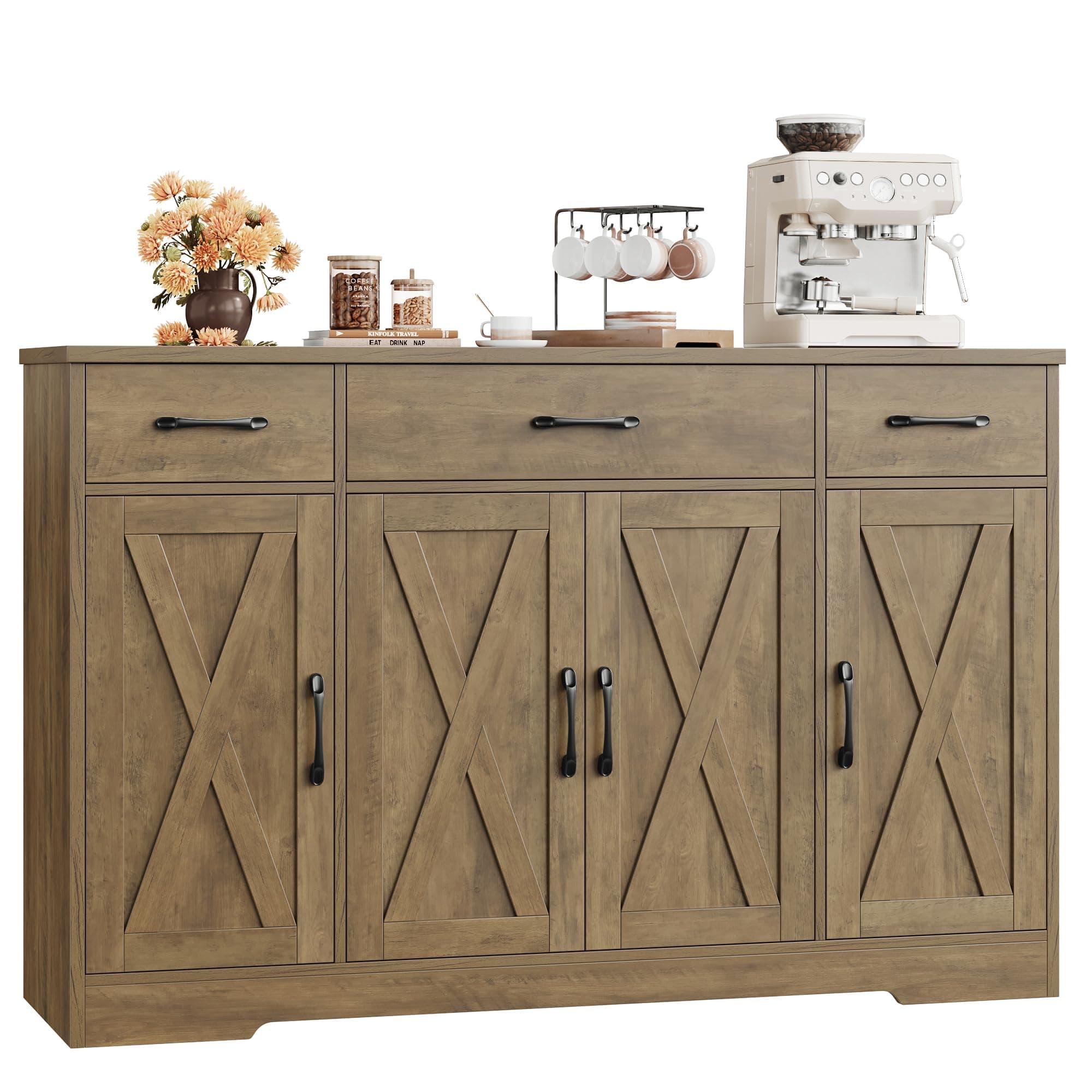 HOSTACK Buffet Sideboard Cabinet with Drawers, 55" Large Buffet Storage Cabinet with Shelves and Doors, Modern Farmhouse Coffee Bar Station Wood Kitchen Table for Kitchen, Dining Room, Rustic Brown