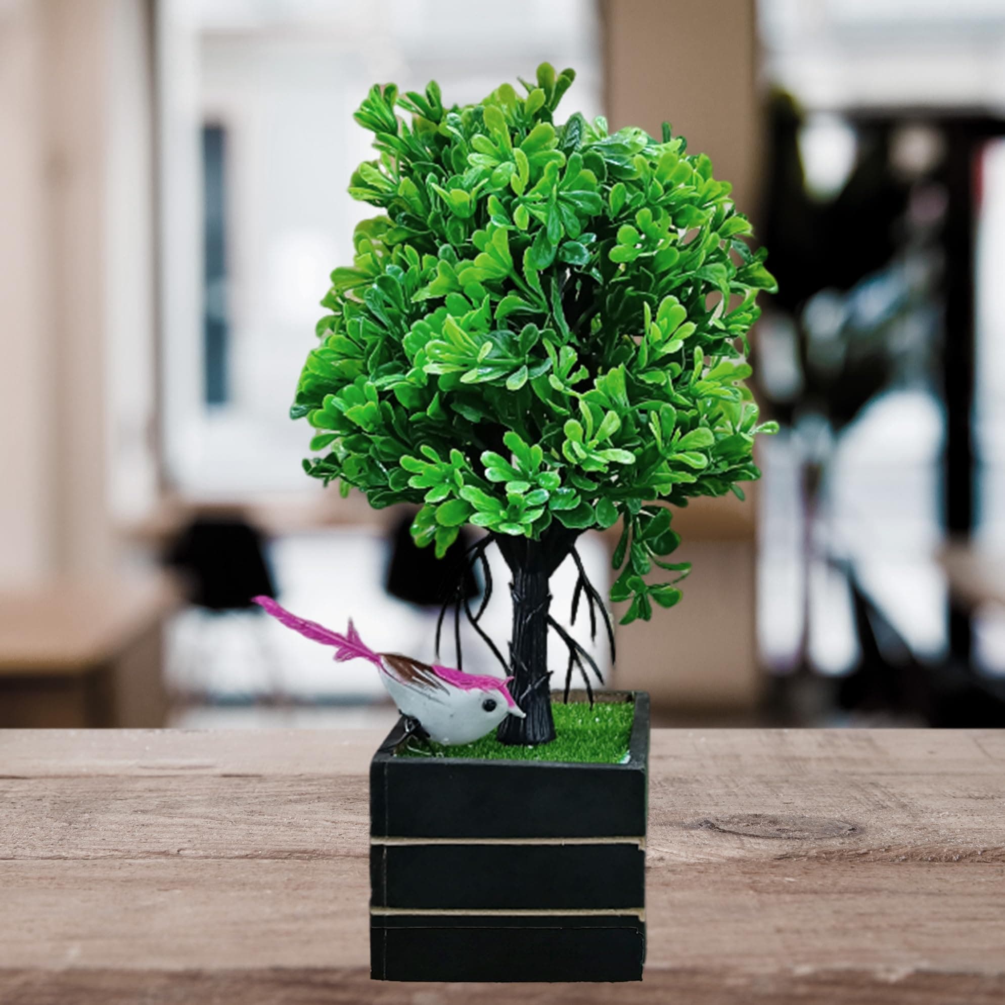 Artificial Mini Bonsai Tree with Bird | Artificial Bonsai Potted Tree Small Potted Plant in Brown Wooden Pot | Indoor Outdoor Décor | Artificial Potted Plants for Home Décor (Green)