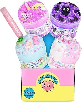 Peachybbies Slime 4-Pack Fantasy Bundle, Unicorn Candy Floss, Mermaid's Ball, Angel Axolotl, Magical Kitty Fur, Includes Slime Activator, Easter Basket Stuffers, Sensory Toys for Kids, Made in USA