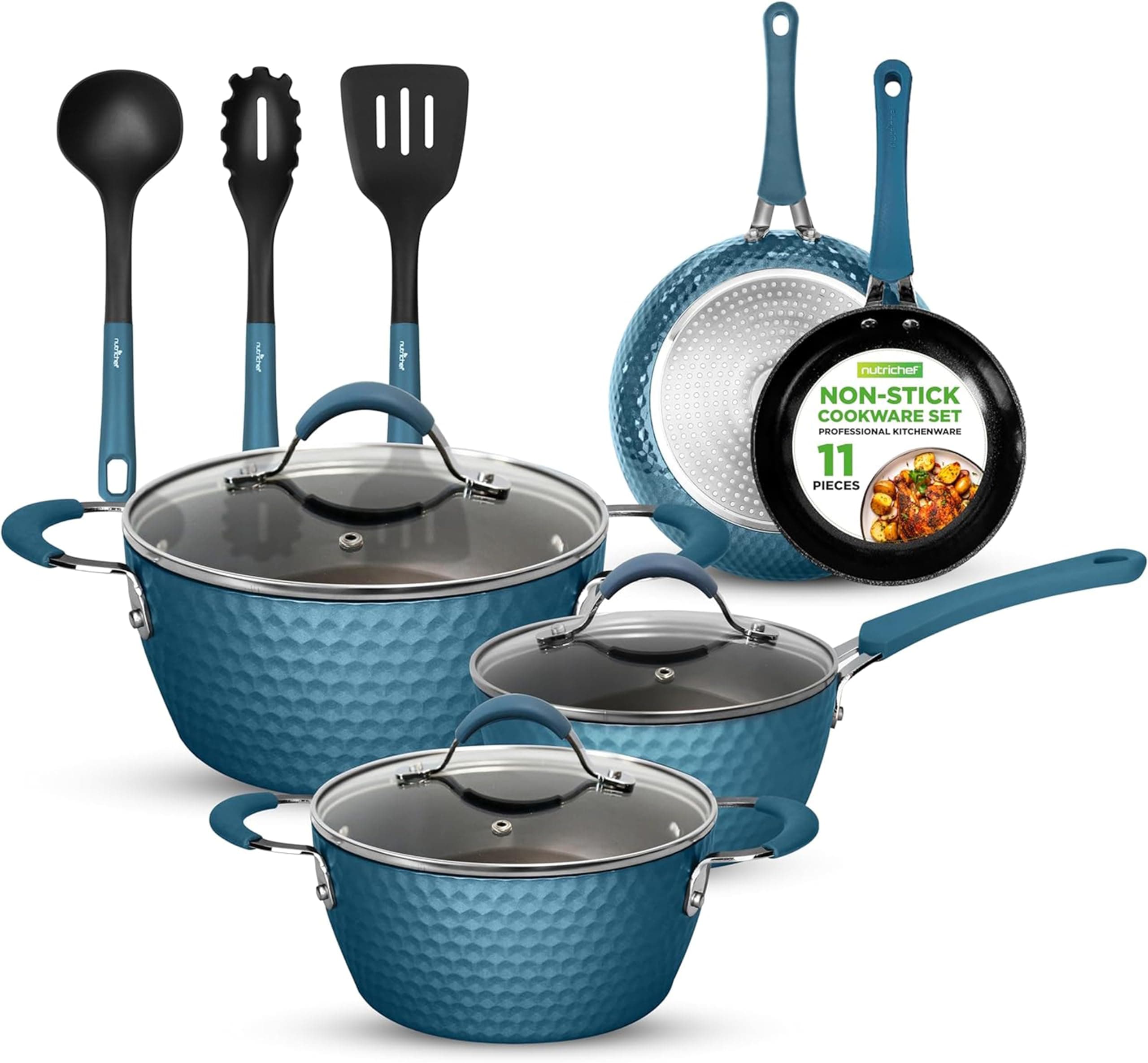 NutriChef 11 Pc Pots and Pans Set Non Stick Cookware with Ceramic Coating, Ergonomic Handles, Induction Ready, Includes Saucepan, Dutch Oven, Large & Small Fry Pans, Royal Blue