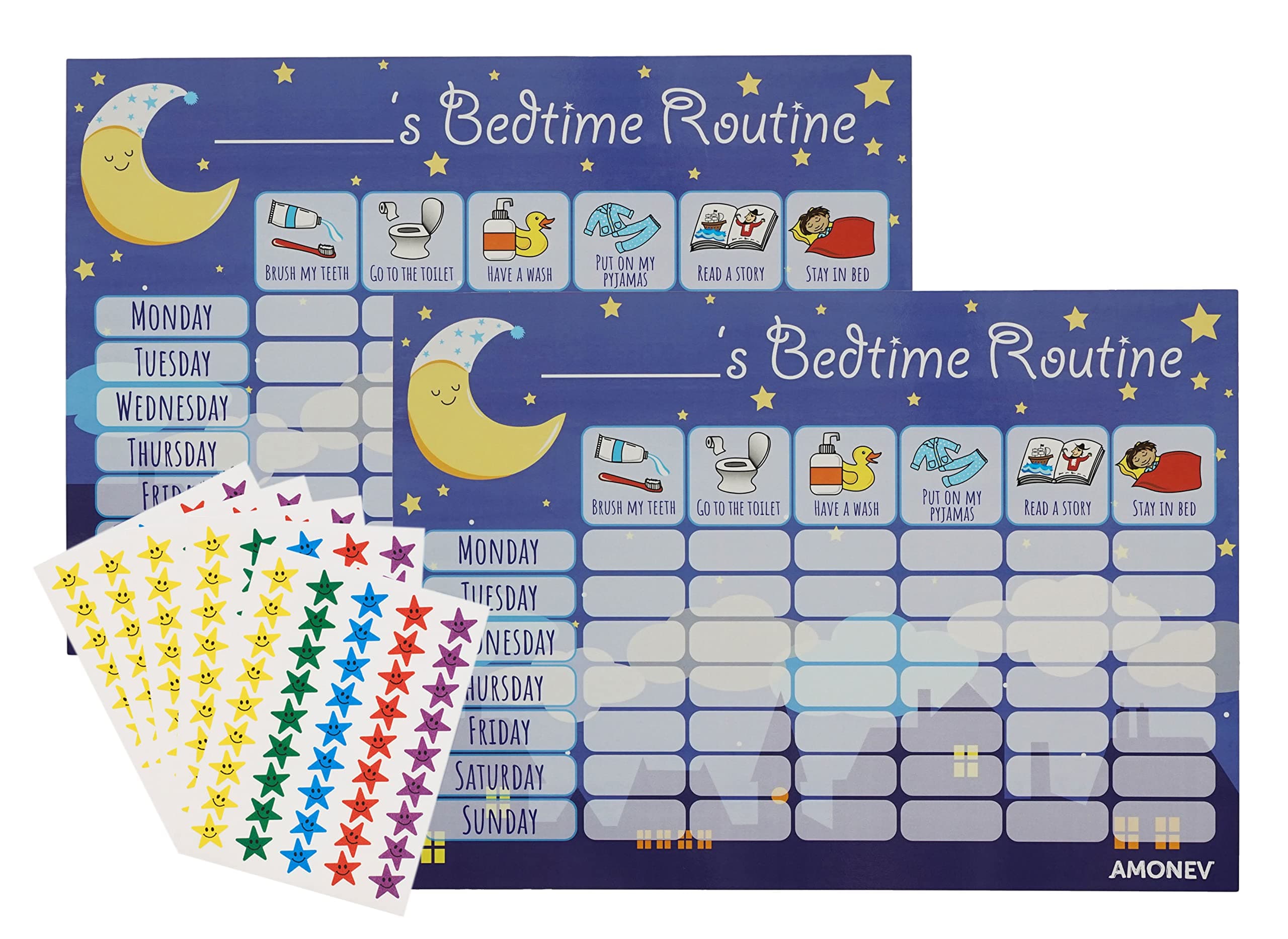 Amagenius Amonev Bedtime chart 2x Blue Pack Amonev Bedtime Routine Chart Reward Chart for Sleep Training Twin Pack chart for Boys Girls toddlers and young children with 225 stars stickers included…