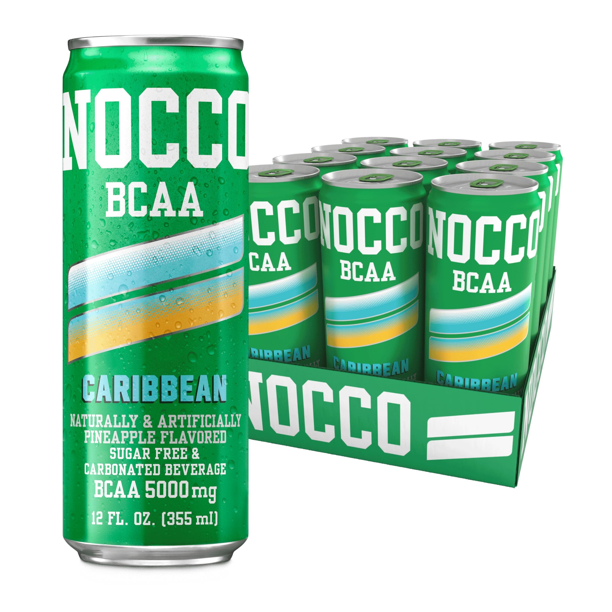 NOCCO Zero Sugar BCAA Drink, Caribbean- 12 Fl Oz (Pack of 12) - 0mg Caffeine, Sugar Free with Branched Chain Amino Acids, Carbonated & Low Calorie, B Vitamins, Grab & Go Performance Beverage