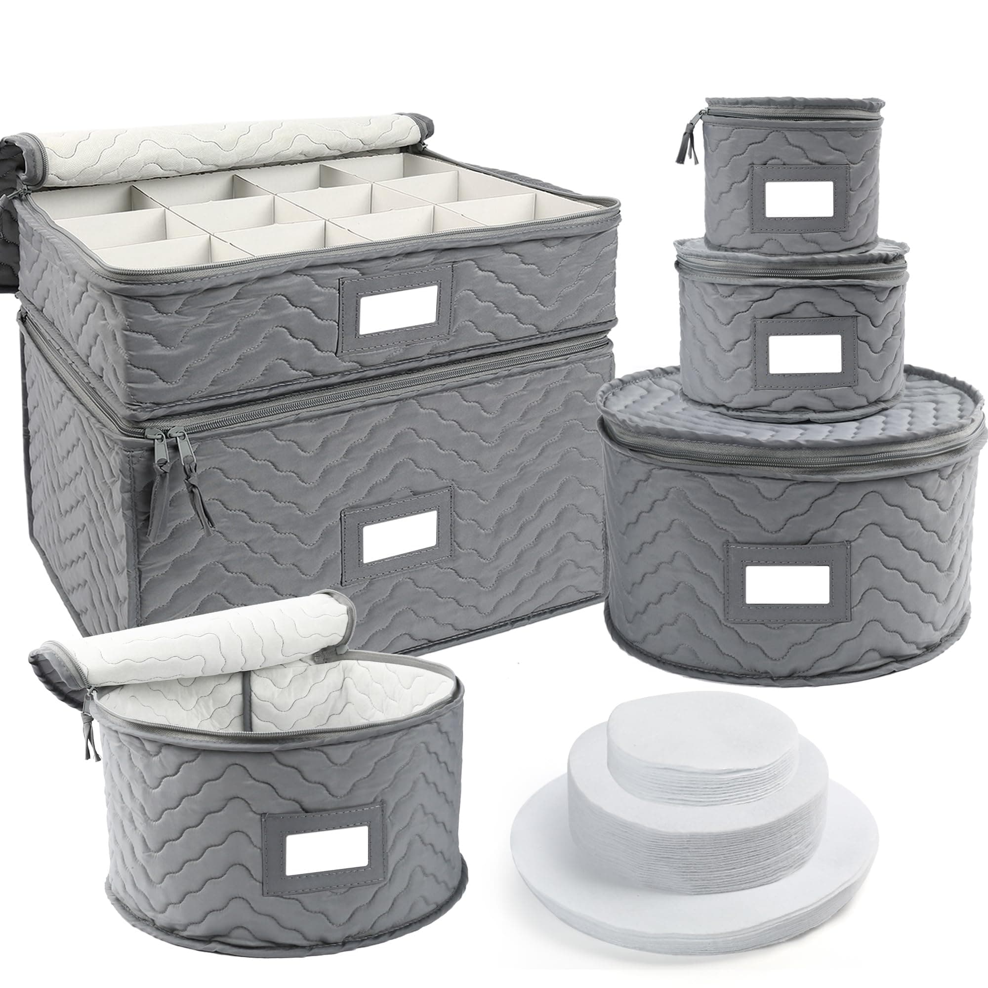China Storage Containers - Quilted 6-Piece Set Storage Box- Stores Chinaware, Stemware, Dinnerware, Dish Storage Service for 12, 48 Pcs Felt Protectors, Cardboard Dividers Included