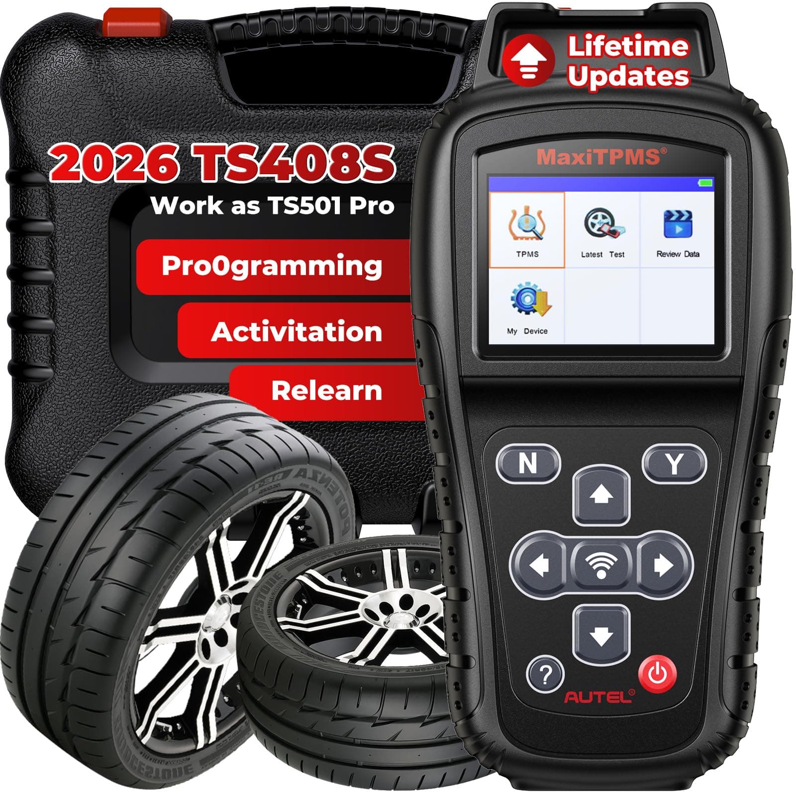 MaxiTPMS TS408S, 2026 TPMS Relearn Tool Work as TS501 PRO TS508WIF MK808S-TS MP900TS, OBD II Pr0gramming for Autel MX-Sensor, OEM Sensor(315 433Mhz) Relearn, Activation, Reset, Read Clear DTCs