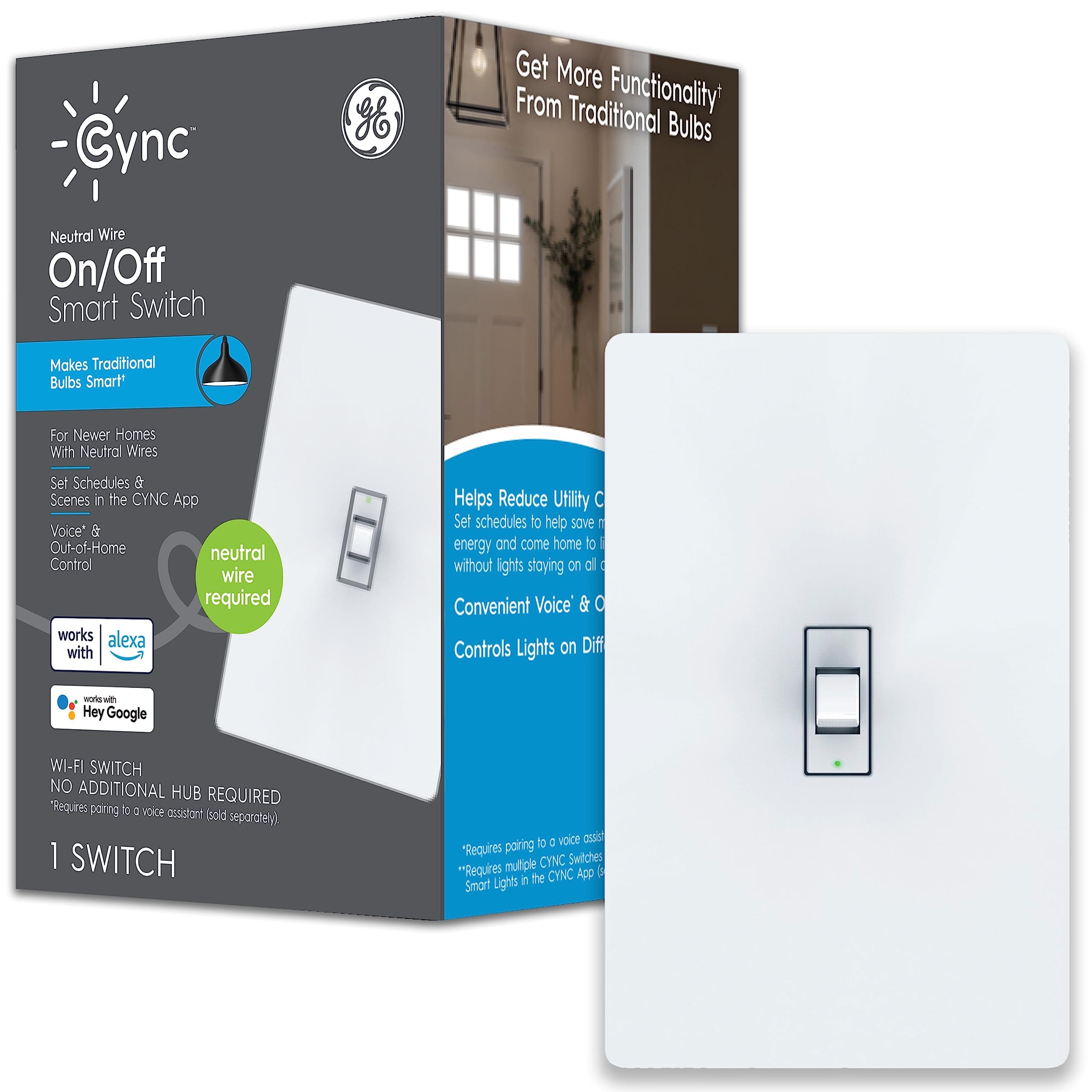 GE CYNC Smart Light Switch, Toggle Style, Neutral Wire Required, Bluetooth and 2.4 GHz 4-Wire Wi-Fi Switch, Works with Alexa and Google (1 Pack), White