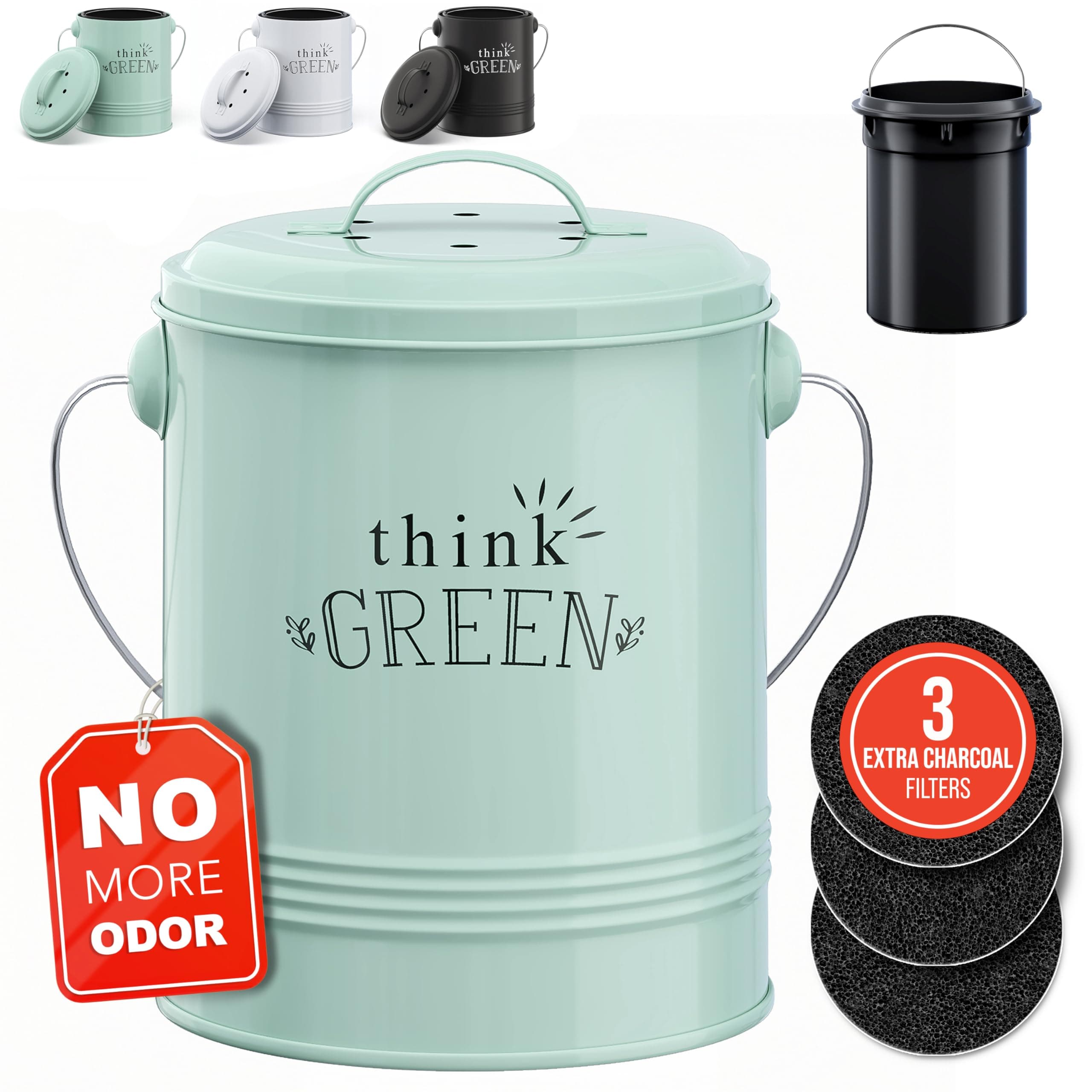 Barnyard Designs Decorative Compost Bin with Lid for Kitchen Countertop, Food Composter Container Can, Small Indoor Compost Trash Bucket, 1 Gallon (4.5L), Galvanized Steel, 18 x 24cm, Mint