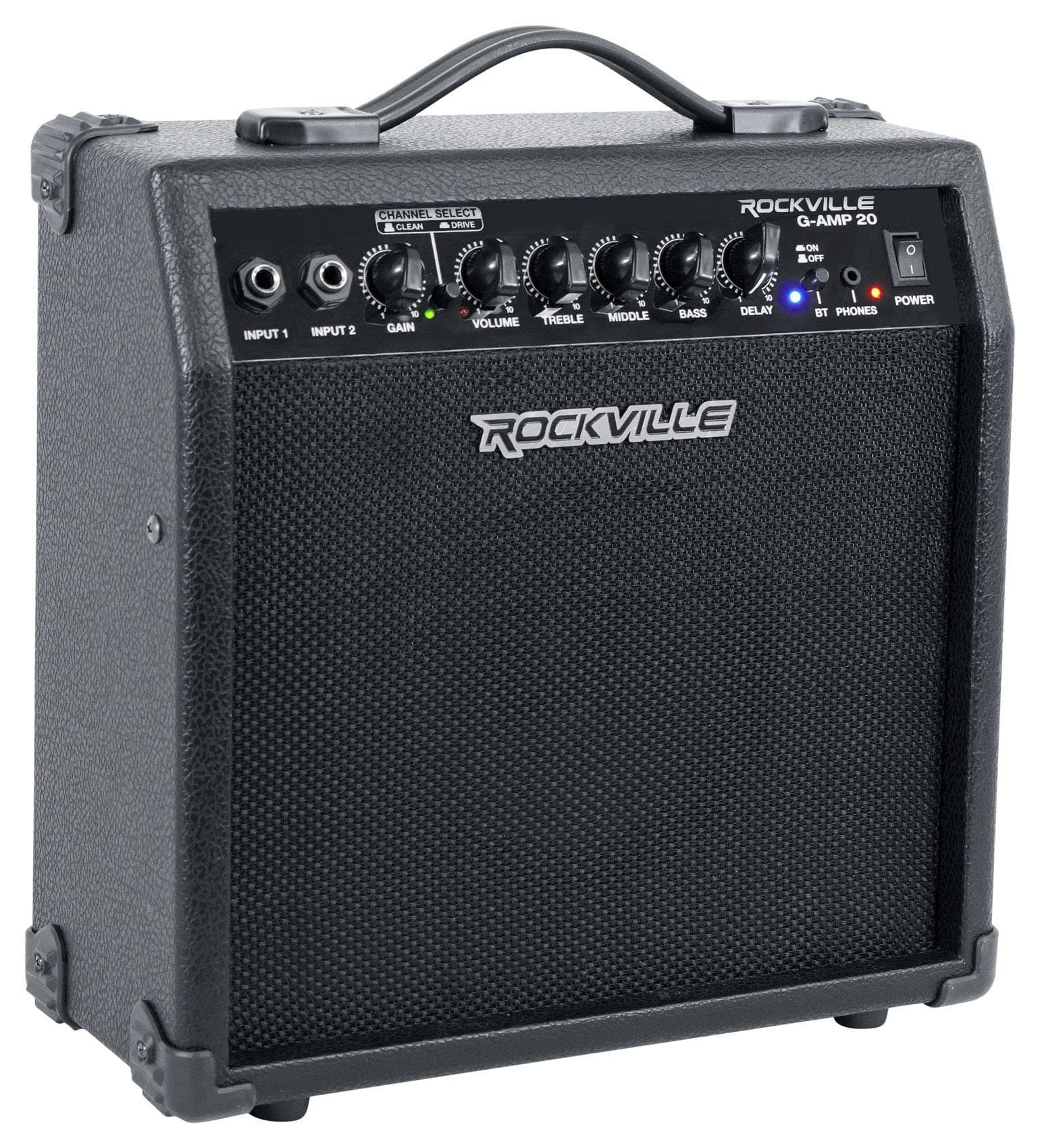 Rockville G-AMP 20W Guitar Amplifier Combo with Bluetooth, Delay, Dual Guitar Inputs, Clean/Overdrive, EQ Controls, Portable for Practice and Small Gigs