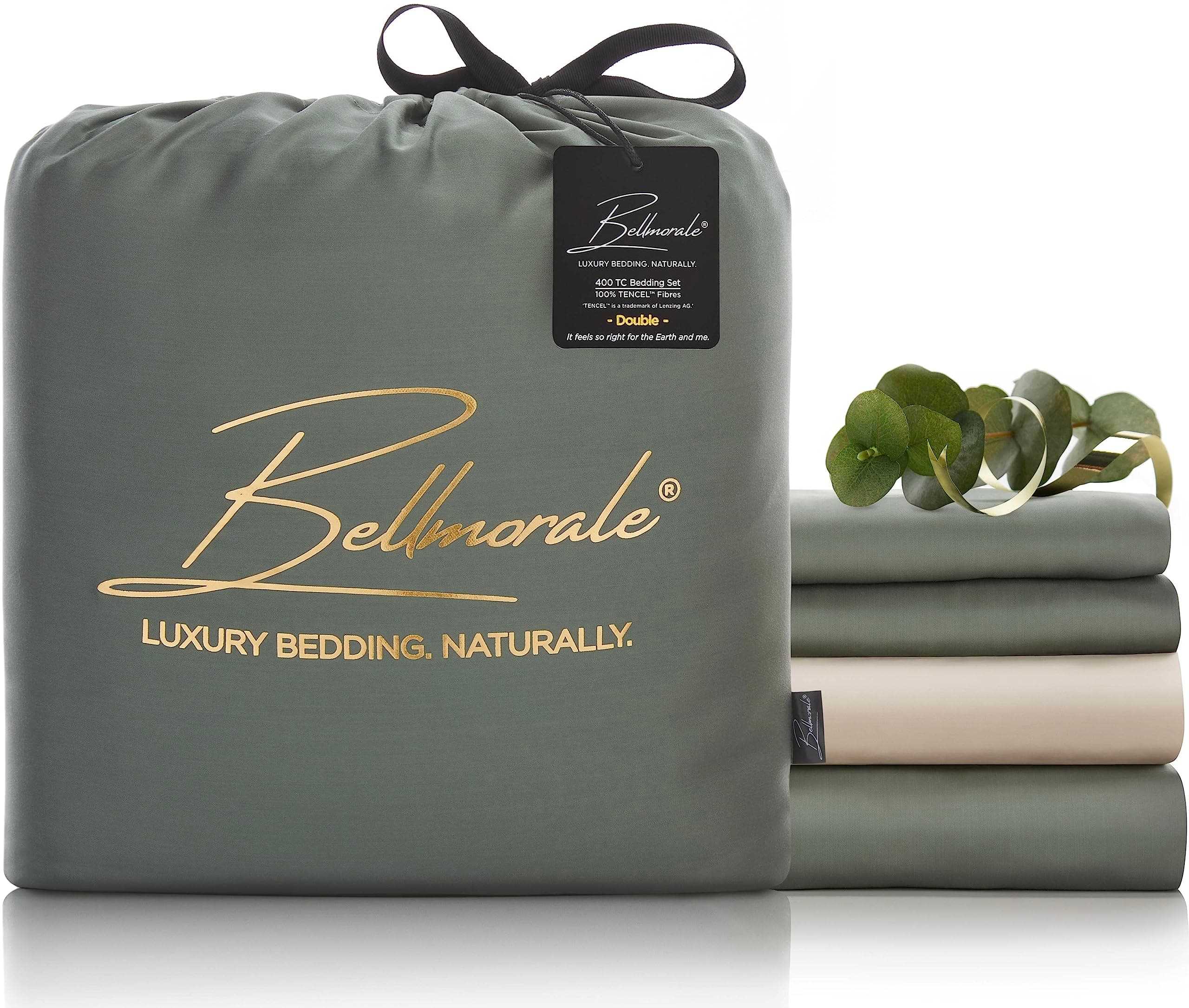 Bellmorale Eucalyptus Silk Bed Set | 400 Thread Count Luxury Tencel Softer than Bamboo Bedding | Soothing Natural Sateen Sheets | Lyocell Duvet Cover Sets | Green/Beige, King Size