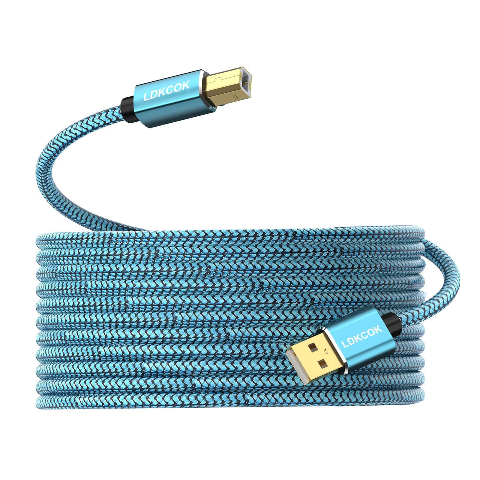 LDKCOK 20ft Long Printer Cable USB 2.0 Type A to B, Nylon Braided Scanner Cord for Home Office & Studio, Compatible with HP, Canon, Brother, Yamaha MIDI Keyboard, Audio DAC (Aluminum Shell, Blue)