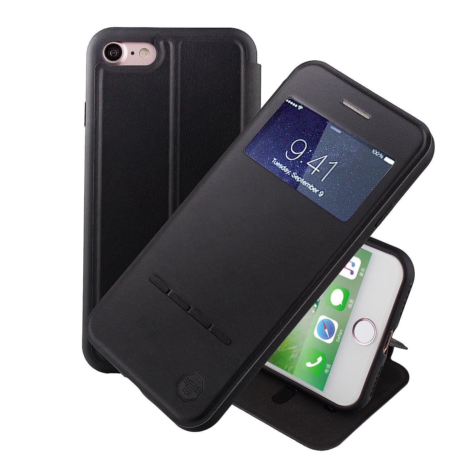 NOUSKE Swipe Case for iPhone 7 with Stand/Window View/Magnetic Closing/TPU bumper/Flip Full Cover Black