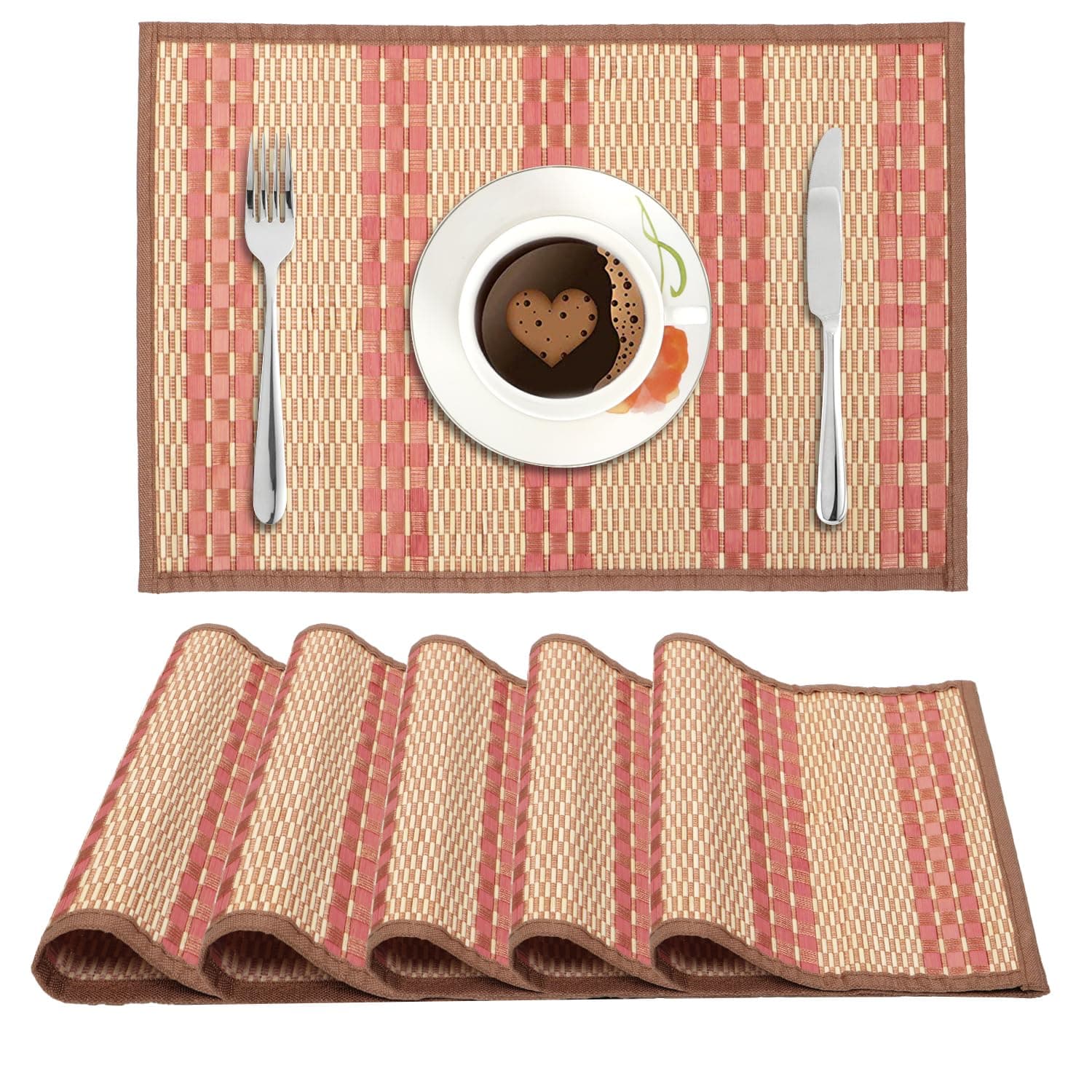 HOKIPO Reversible Bamboo Table Mats for Dining Table, Set of 6 Wooden Placemats, 45x30 cm, Peach (AR2817-D8)