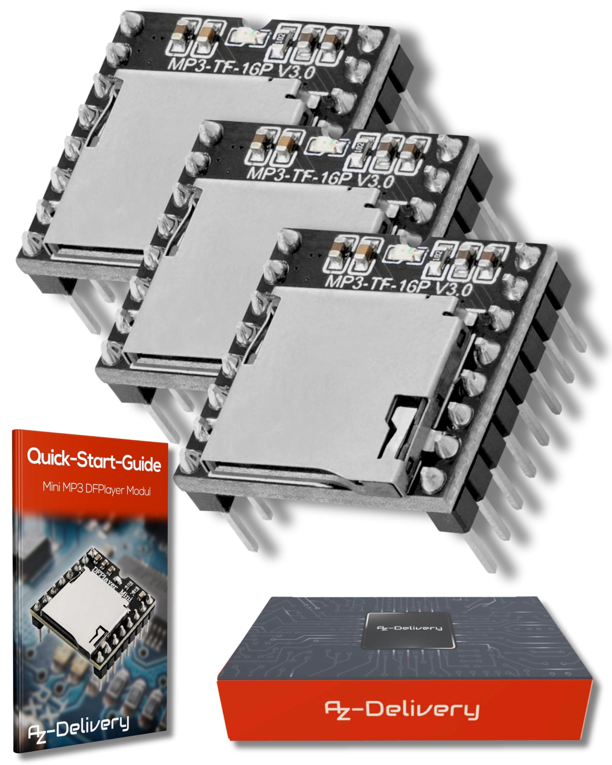 AZDelivery 3 x Mini MP3 Player Module Audio Voice Board Shield compatible with Arduino Including E-Book!