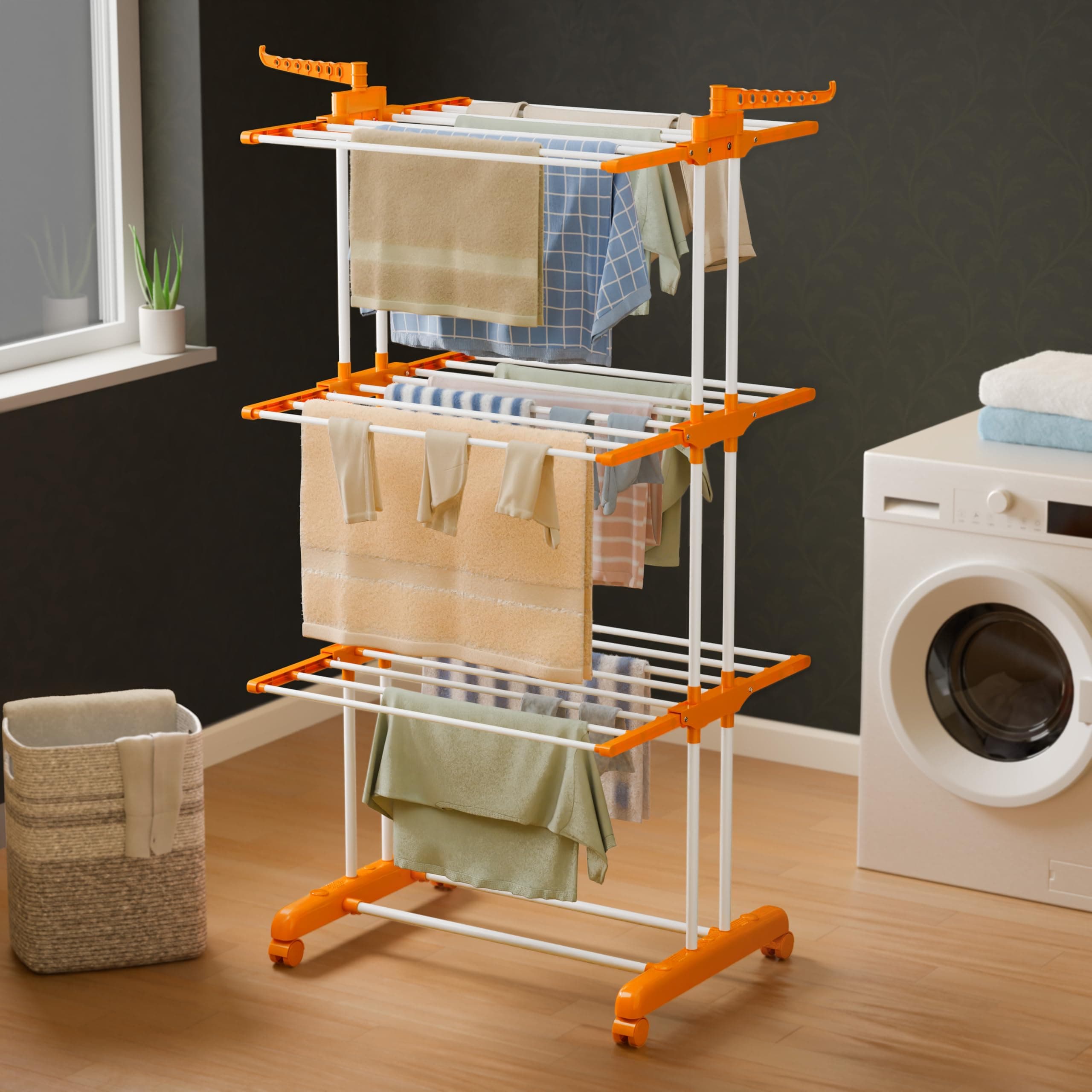 Premium Clothes Stand for Drying with Wheels | Portable | 3 Layer Rack for Balcony | Foldable Wings | 24 Hanger Rods | Anti Rust Steel Metal (Orange | Prince Jumbo)