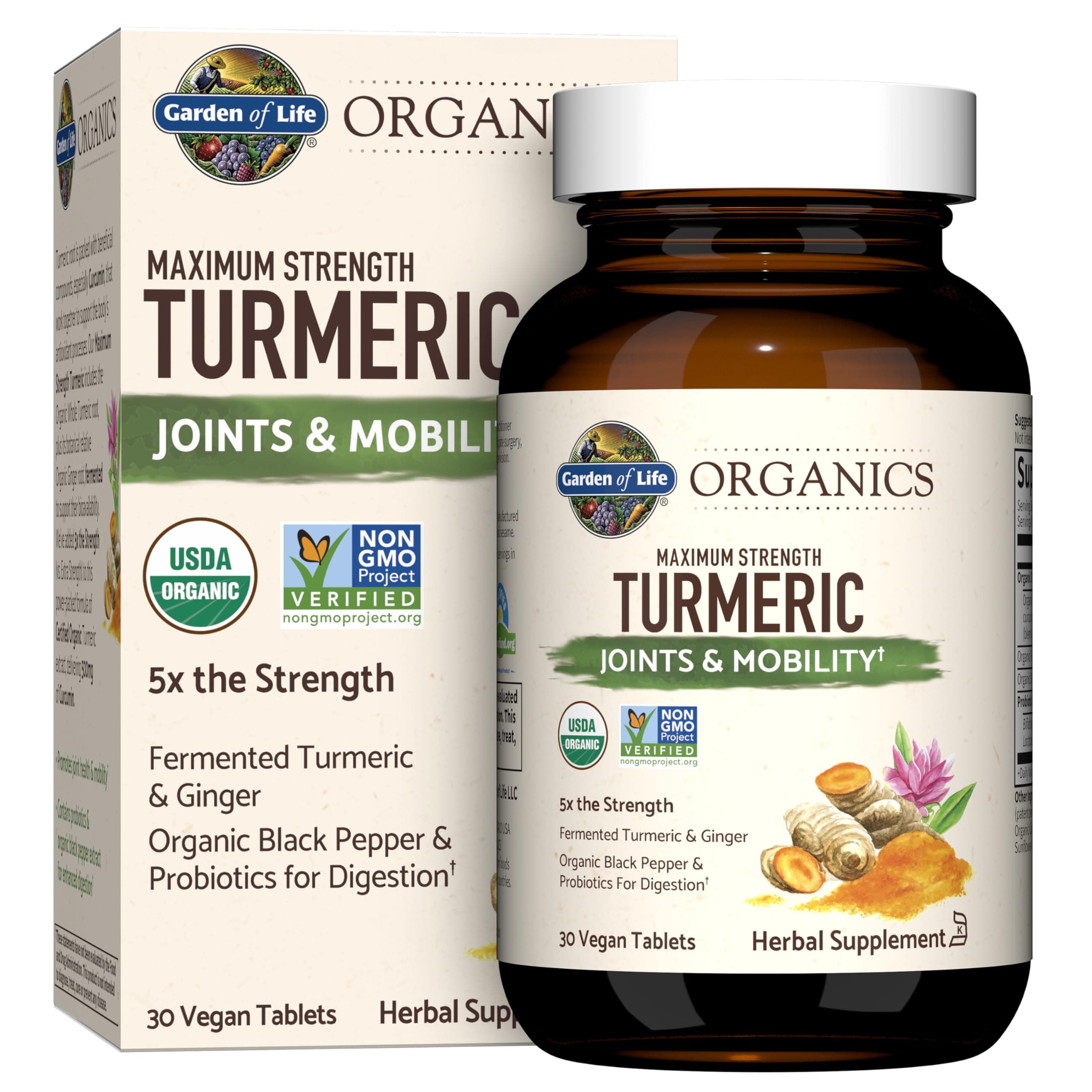 Garden of Life Organics Maximum Strength Turmeric Joints & Mobility Support 30 Tablets - 500mg Curcumin (95% Curcuminoids) Black Pepper - Organic Non-GMO Vegan & Gluten Free Herbal Supplements