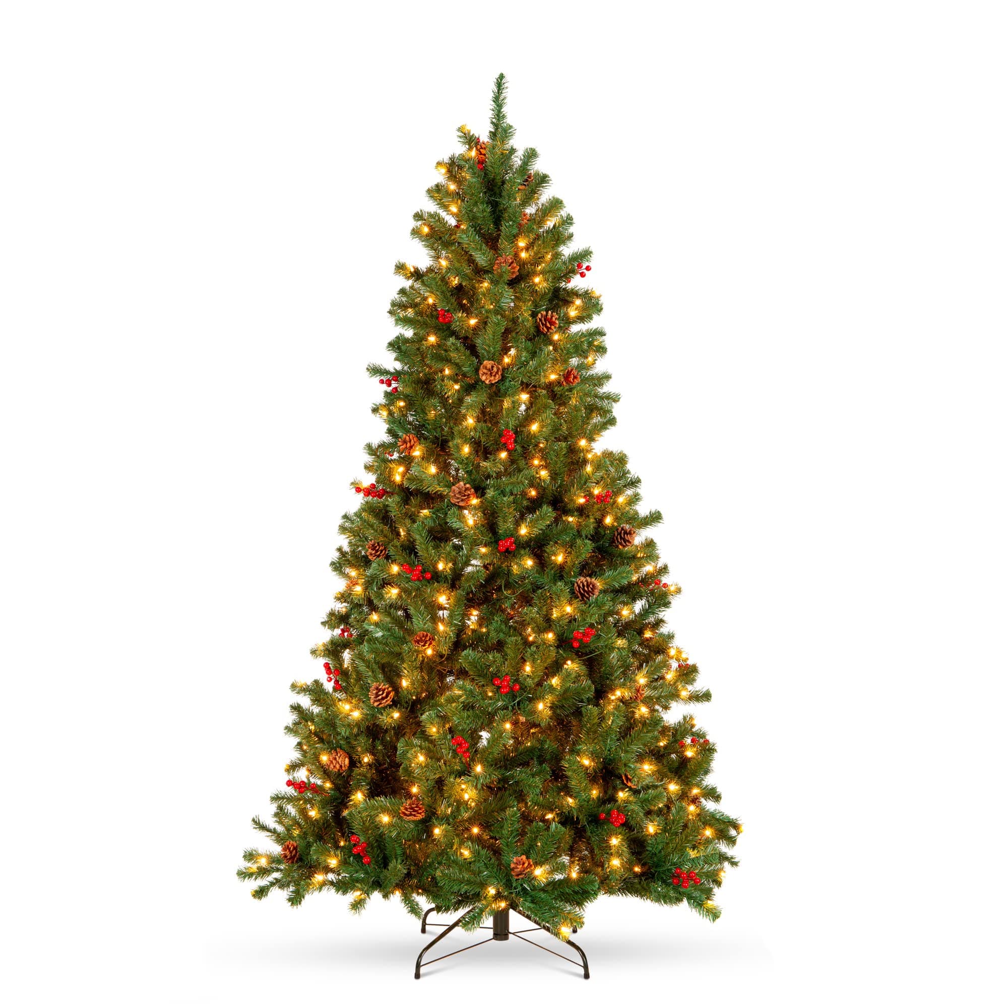 7.5ft Pre-Lit Pre-Decorated Spruce Hinged Artificial Christmas Tree w/ 1,346 Tips, Pinecones, Berries, 550 Lights, Metal Base