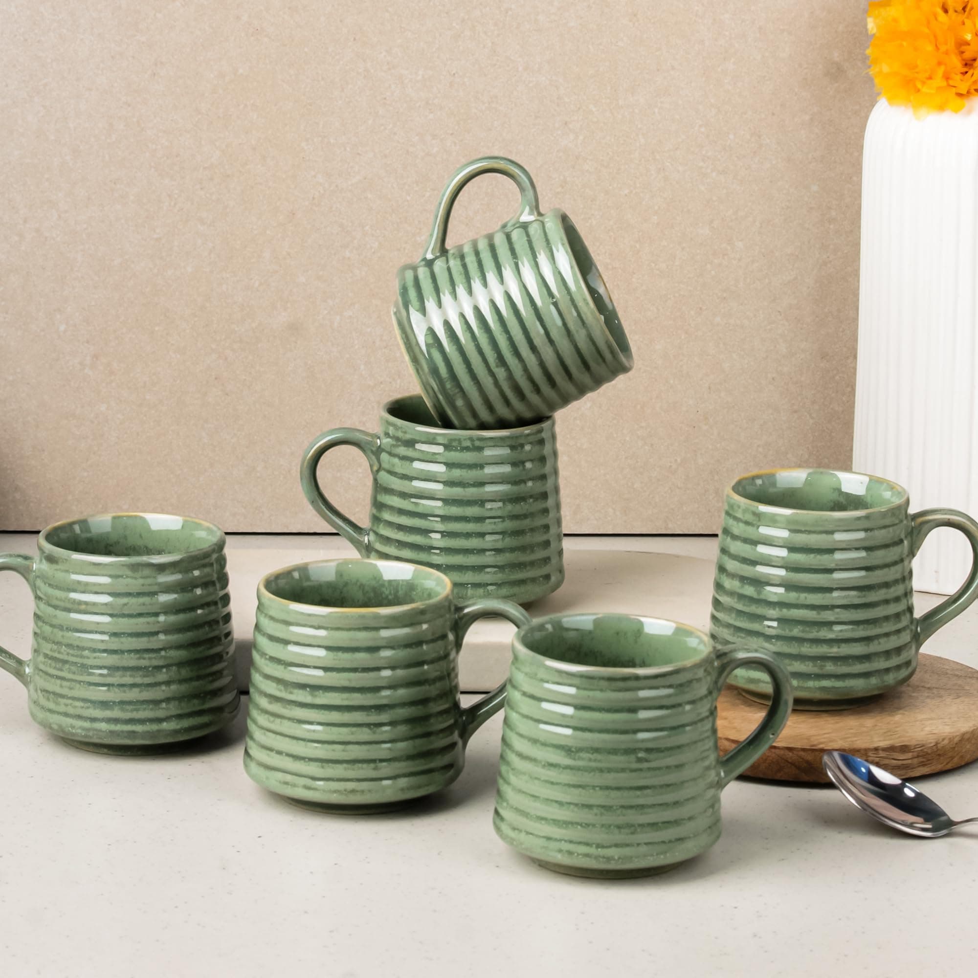 The Earth Store Green Ring Ceramic Tea Cup Set of 6, 220 ML Each, Microwave and Dishwasher Safe Coffee Cups | Cup Set of 6 for Tea | Tea/Chai Cups for Gifting, Home & Office Use, Every Occasion