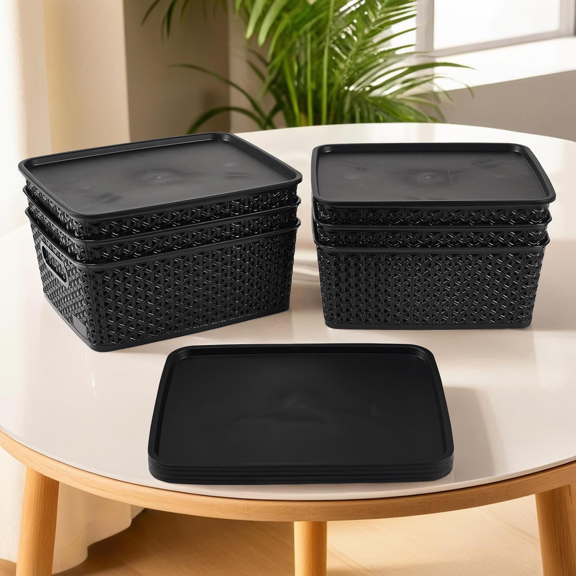 Kuber Industries 6 Pcs Stackable Plastic Storage Box with Lid | H5 Multi-Purpose Basket for Storage - Ideal Home Organizers for Baby Dress, Stationary, Medicine & Pooja Items | Black