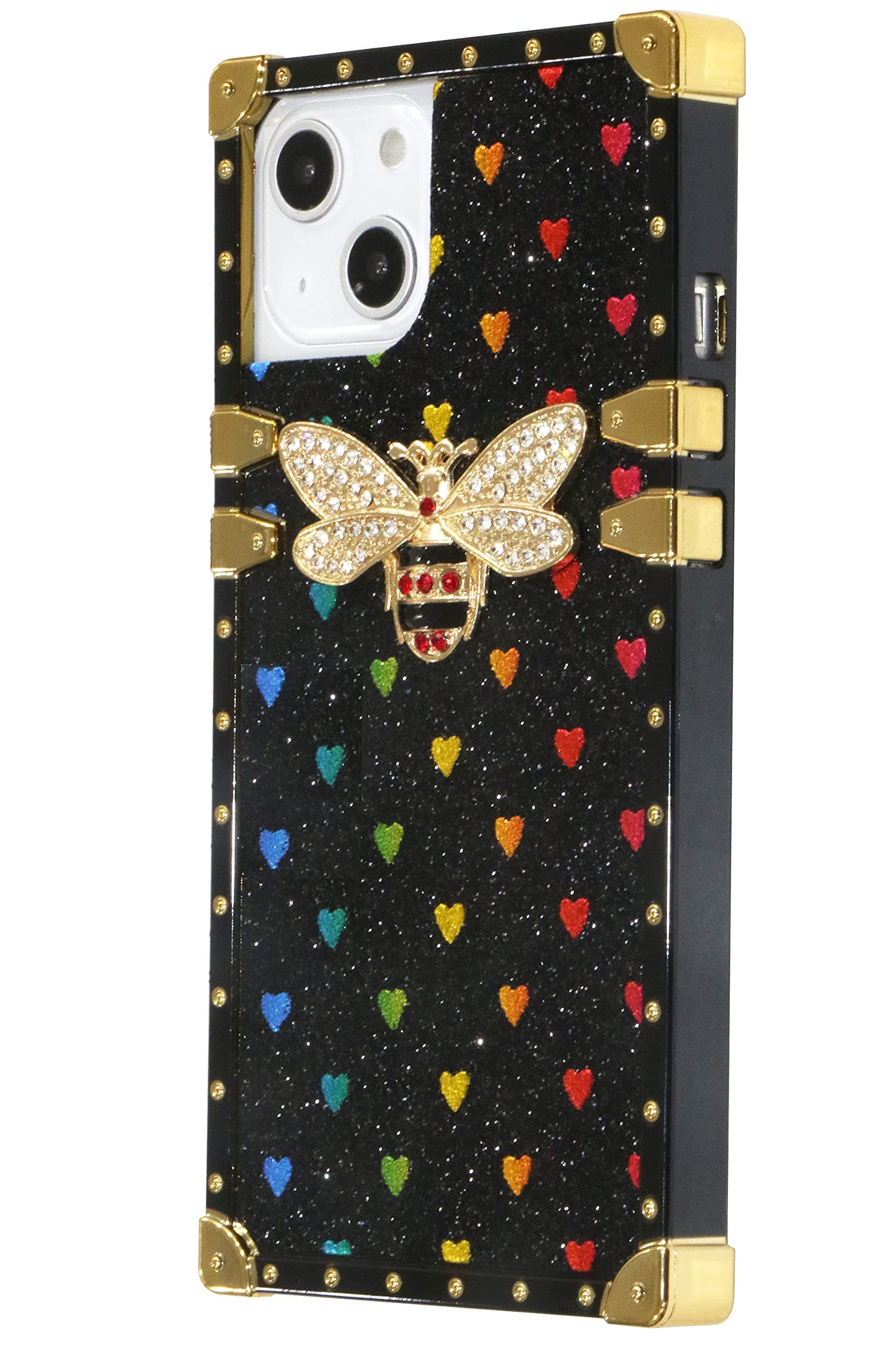 Umhlaba Compatible with iPhone 13 case Luxury Square Cute bee Cases Women Girls Bling Glitter Box Trunk 5g Phone Cover Bumper 6.1 inch (Black)