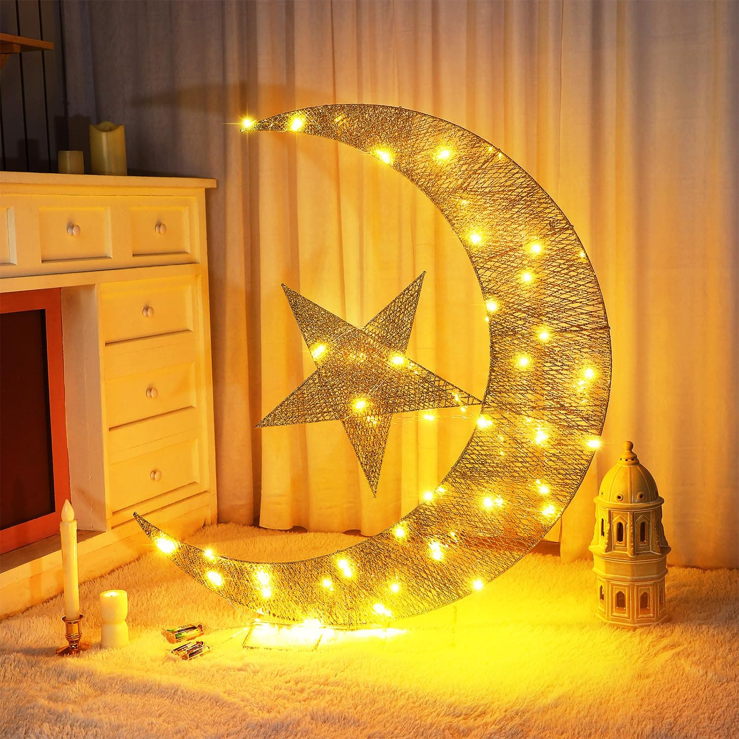 Pre-lit Eid Mubarak Decorations for Home Metal Eid Star Moon Crescent Light Ramadan Decorations Outdoor Lighted Night Lamp Sign with LED String for Yard Lawn Pathway