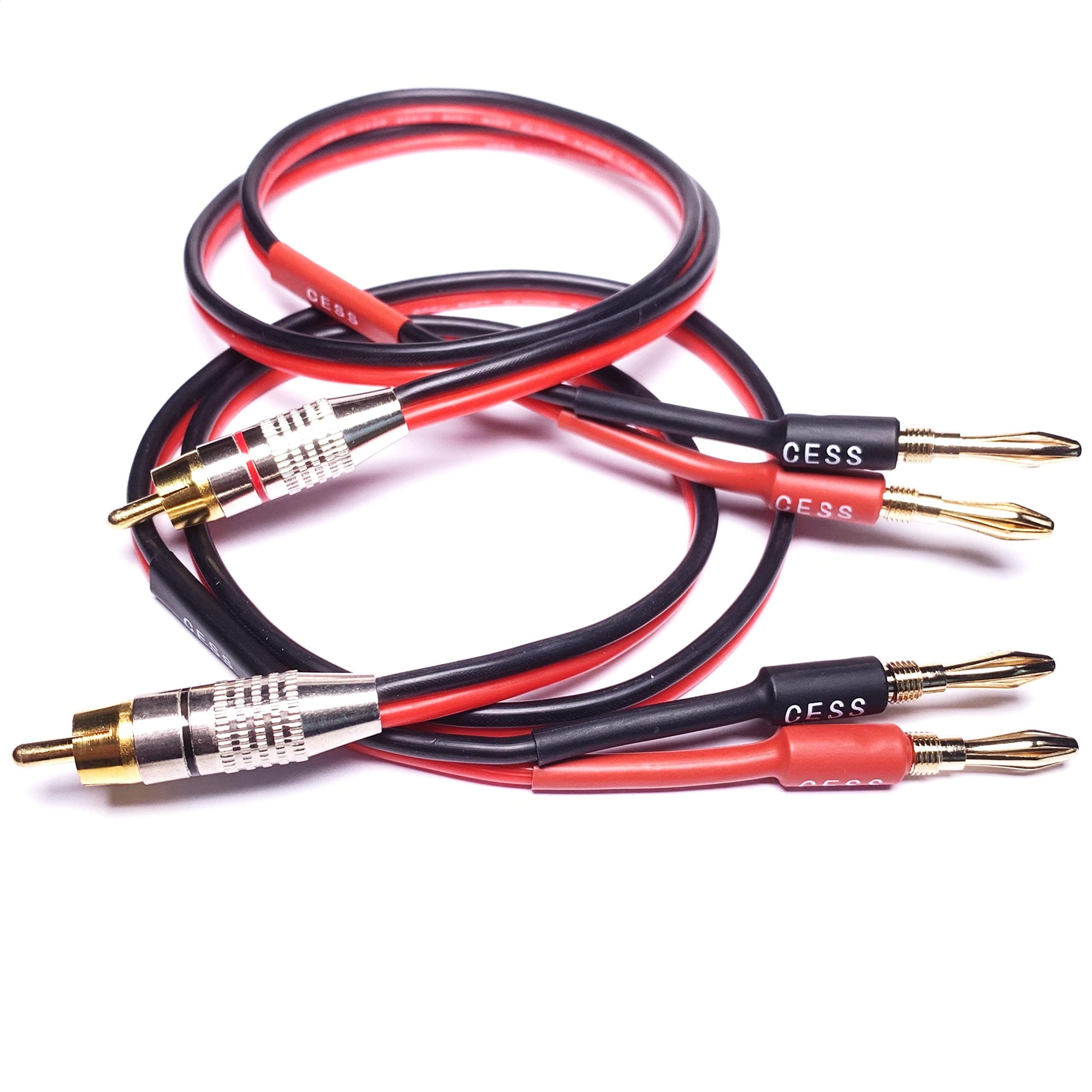 CNCESS CESS-024-3f Speaker Cable with RCA Plug to 4mm Banana Plug, Pure Copper Gold-Plated Connectors, 400 Strands Tinned Copper Wire, Soft Silicone Rubber Cable (14AWG 3 Feet)