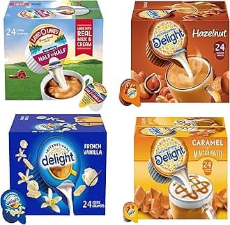 SOUTHERN BASICS Premium Coffee Creamers Liquid Creamer Singles Variety Pack, Caramel Macchiato, French Vanilla, Half-Half & Hazelnut - No Refrigeration - Box Of 96