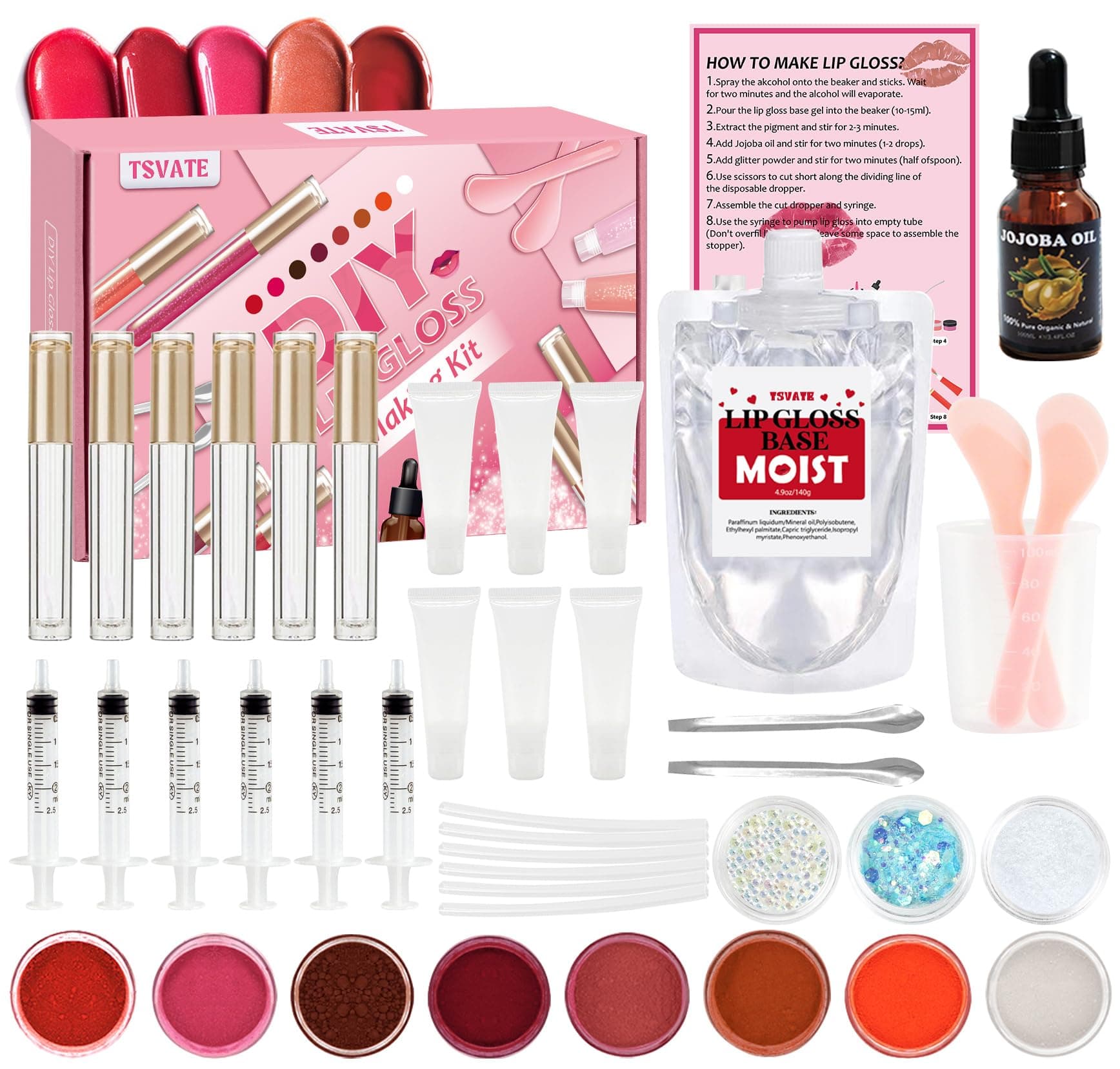 TSVATE Lip Gloss Making Kit, Lip Gloss Kit, Diy Lipgloss Set, Fun Make Your Own Lipgloss Kids Lip Gloss for Girls, Women, Moisturizing Lip Gloss Base, Jojoba Oil, Tubes, Gift for Her