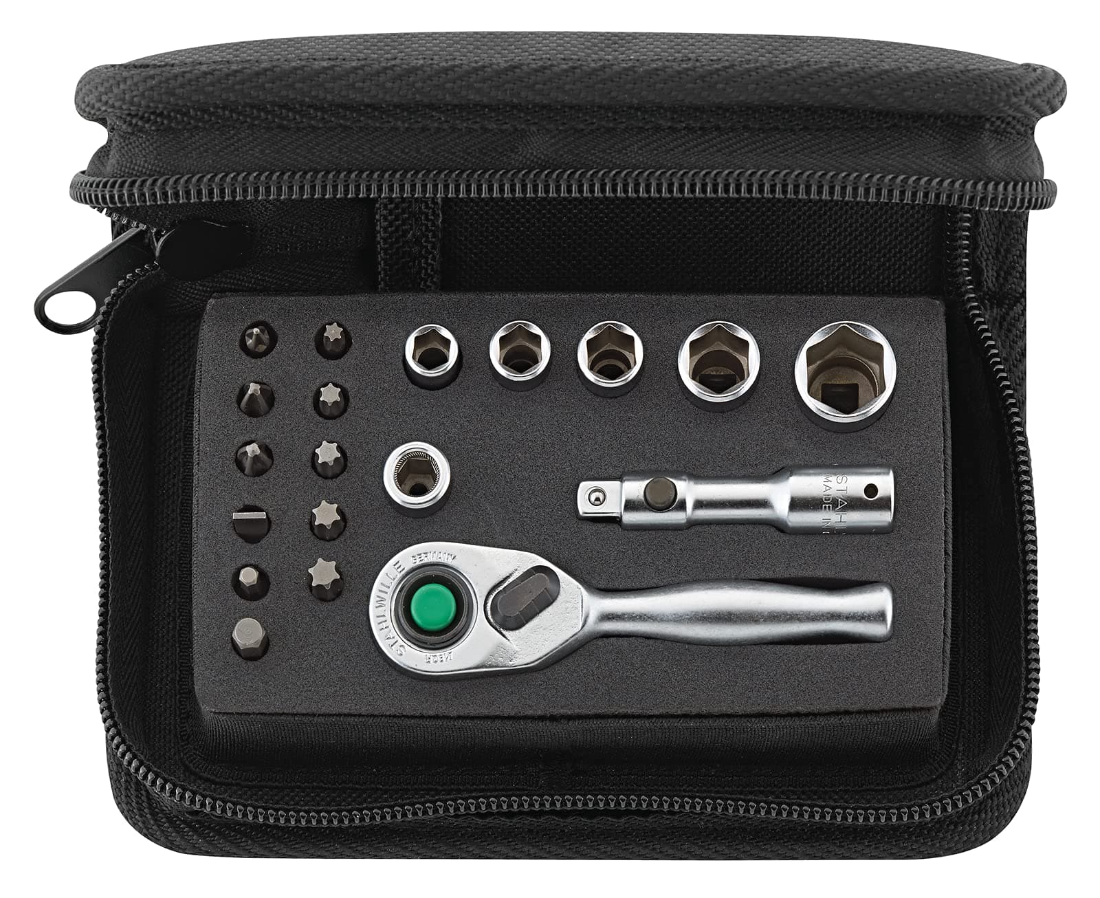 Stahlwille 1/4 Inch Socket Spanner Set, 19 Pieces, Mini Ratchet, Bit Holder, Extension, Nuts and Bits, Softcase, Made in Germany