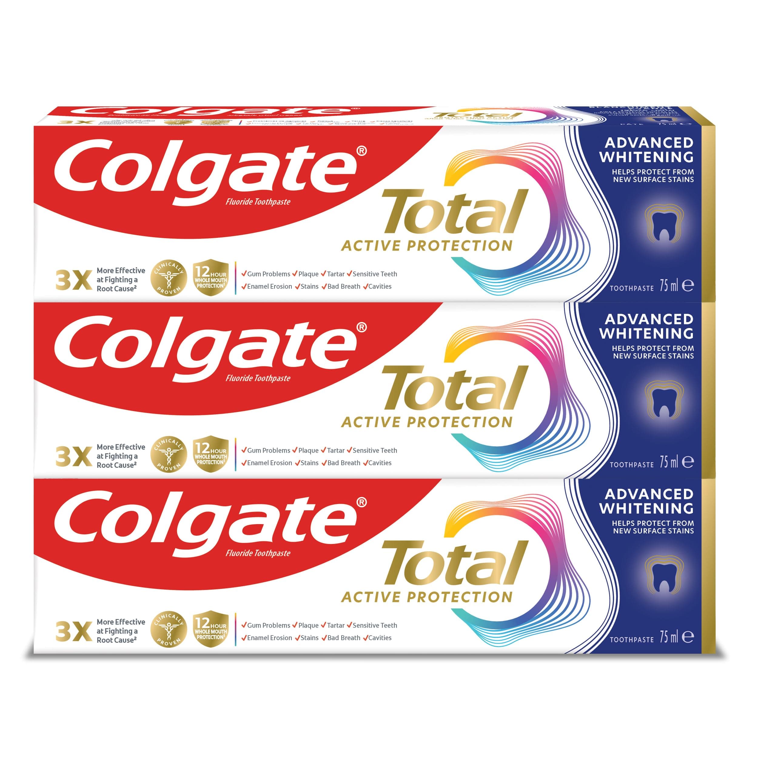 Total Active Prevention, toothpaste, Advanced Whitening, Helps prevent new surface stains, 3x75ml (Packaging may vary)
