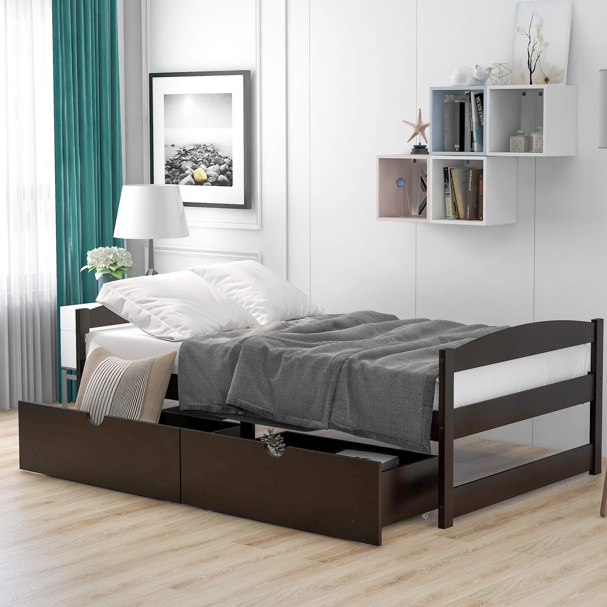 DEYOBEDTwin Size Platform Bed with 2 Drawers, Solid Wood Storage Bed Frame for Kids Teens and Adults, No Box Spring Needed, Espresso