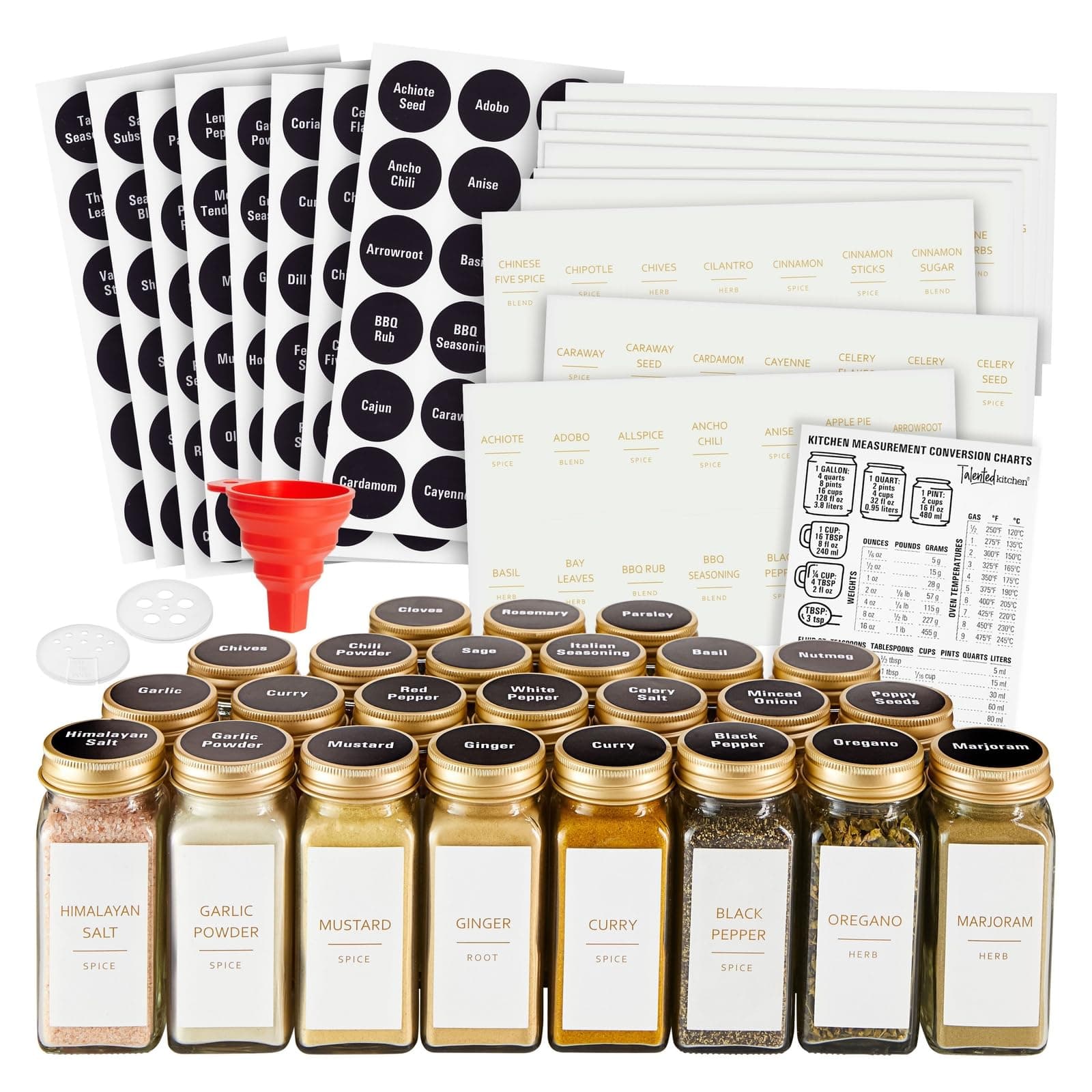 Talented Kitchen 24-Pack Glass Spice Jars - 4 Oz Square Bottles & Gold Metal Caps - Refillable Shaker & Pour Lids, 284 Preprinted Stickers - Seasoning Organizer for White & Gold Kitchen Organization