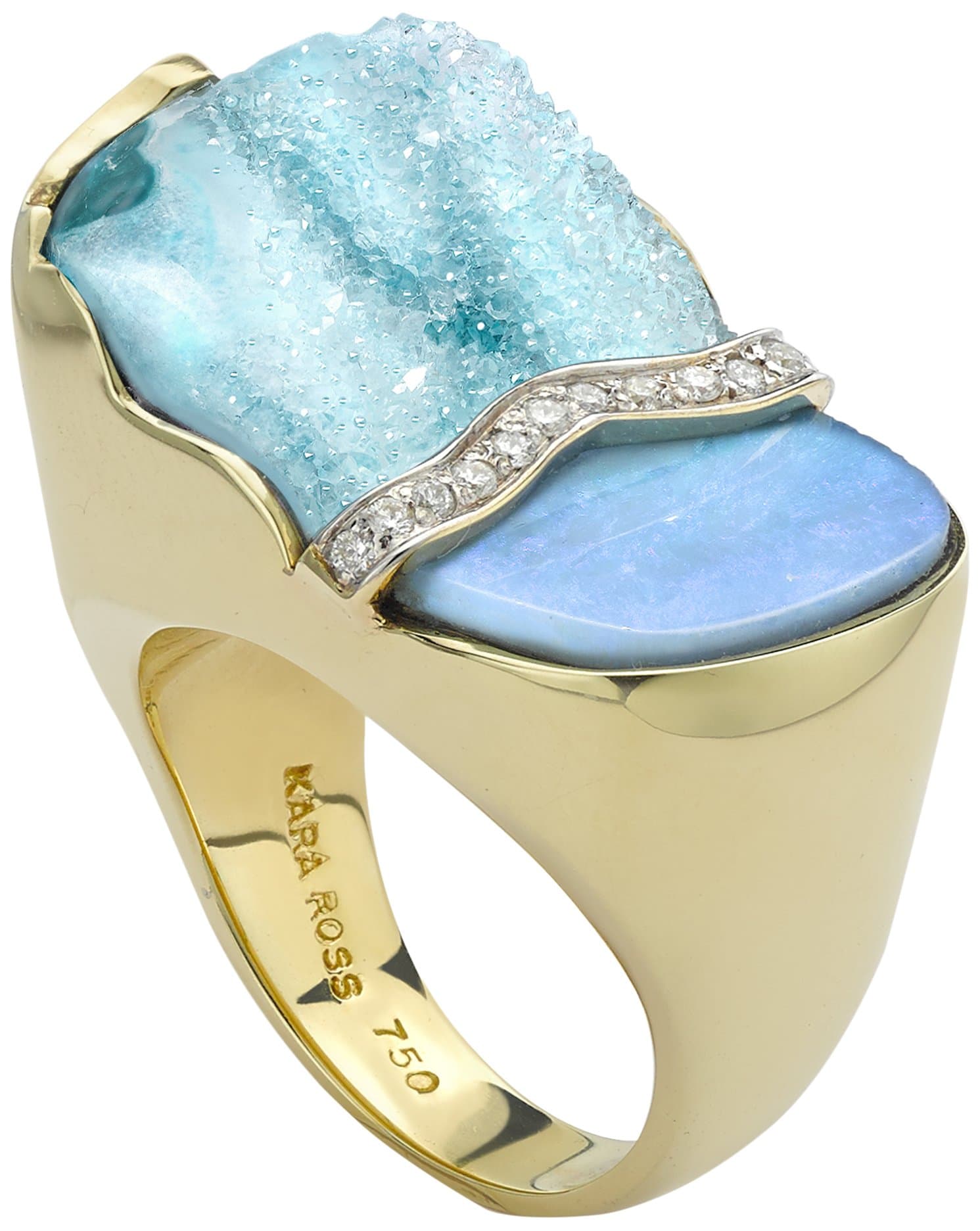Kara Ross Split Petra Ring with Opal, Hemimorphite and Diamonds set in 18k Gold