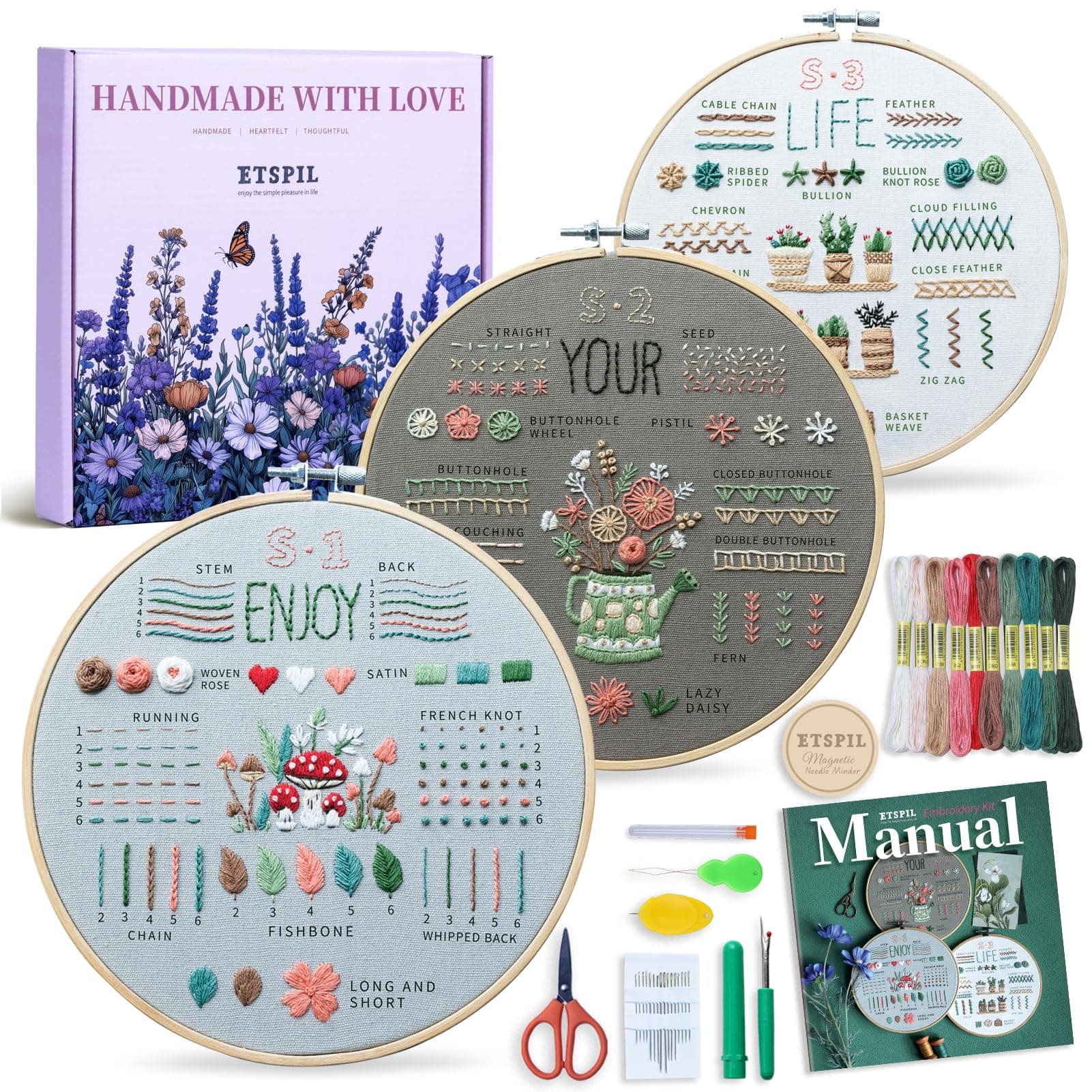 3 Sets Embroidery kit for Beginners Adults，Learn 33 Different Stitches DIY Kits ，Includes Stamped Flower Pattern, Hoop, Color Threads,Tools,Easy to Follow Instruction & Video… (Simple B)